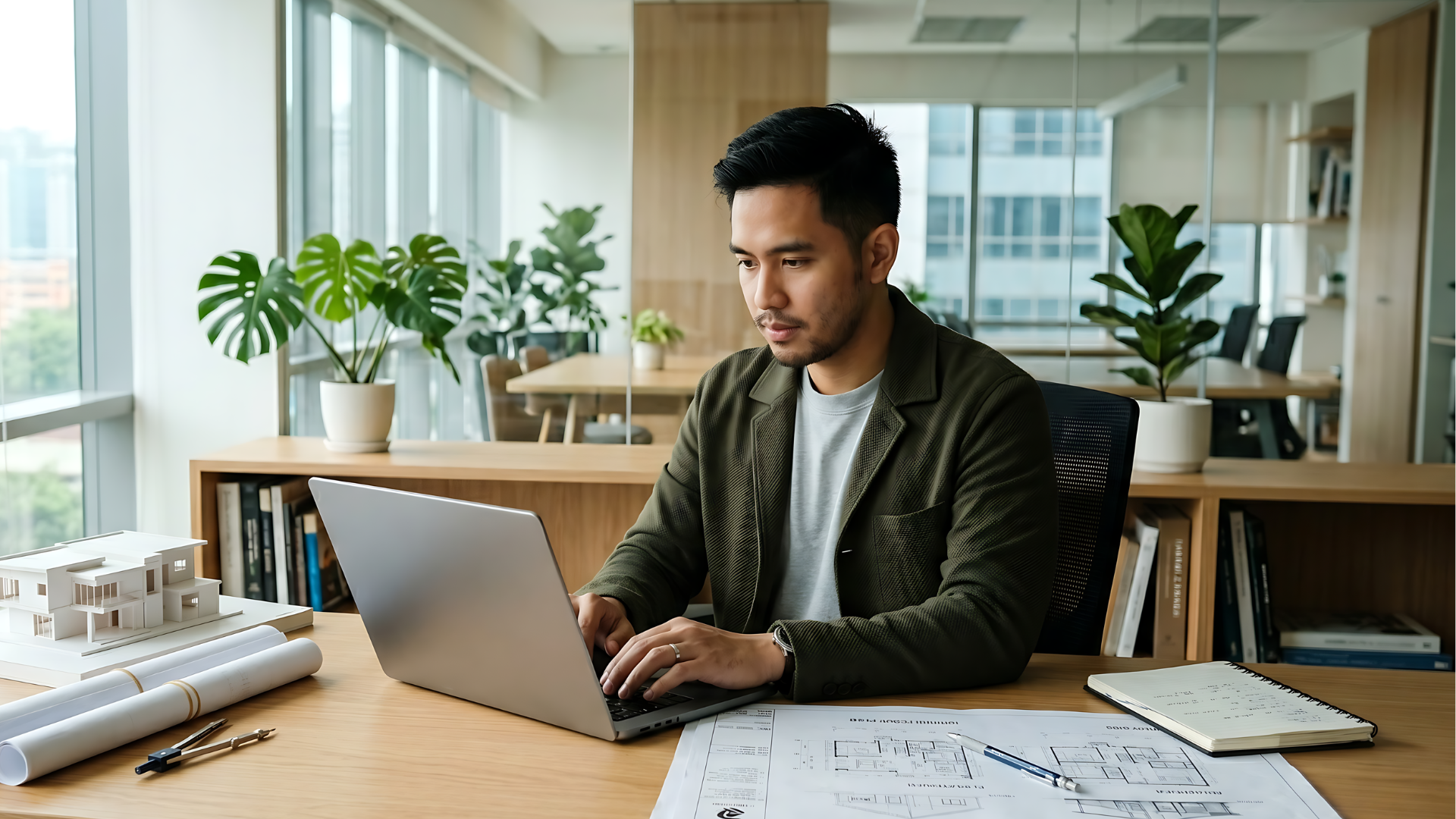 malaysian remote draftsperson working in a laptop and have a floor plan on the desk