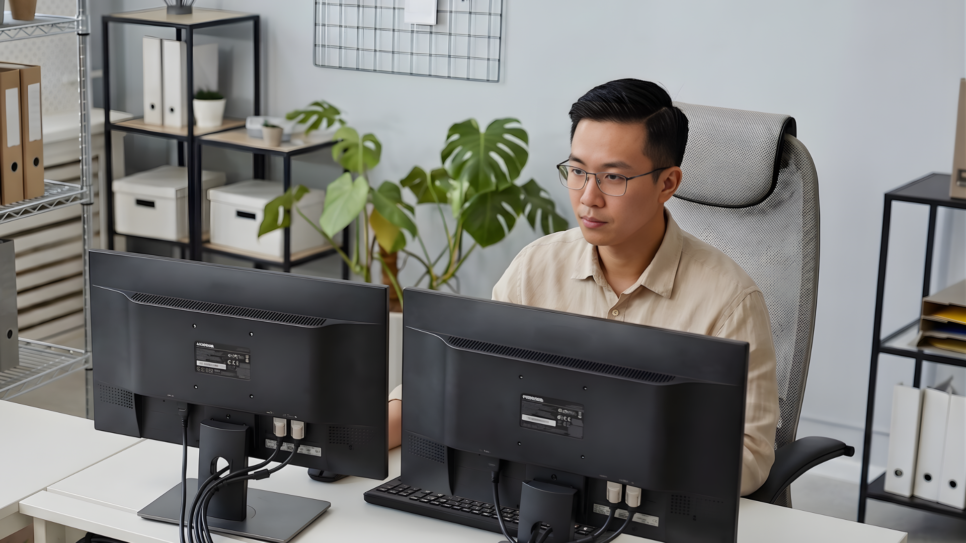 offshore electrical engineer analyzing with a dual monitor