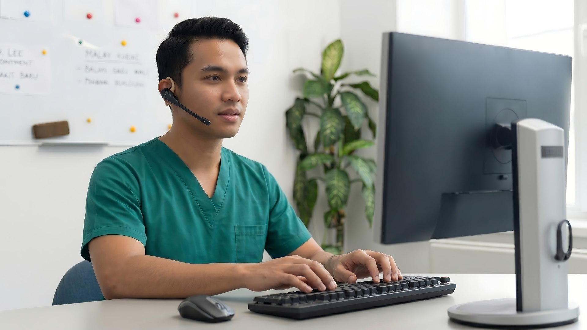 malaysian male medical scheduler typing on a desktop
