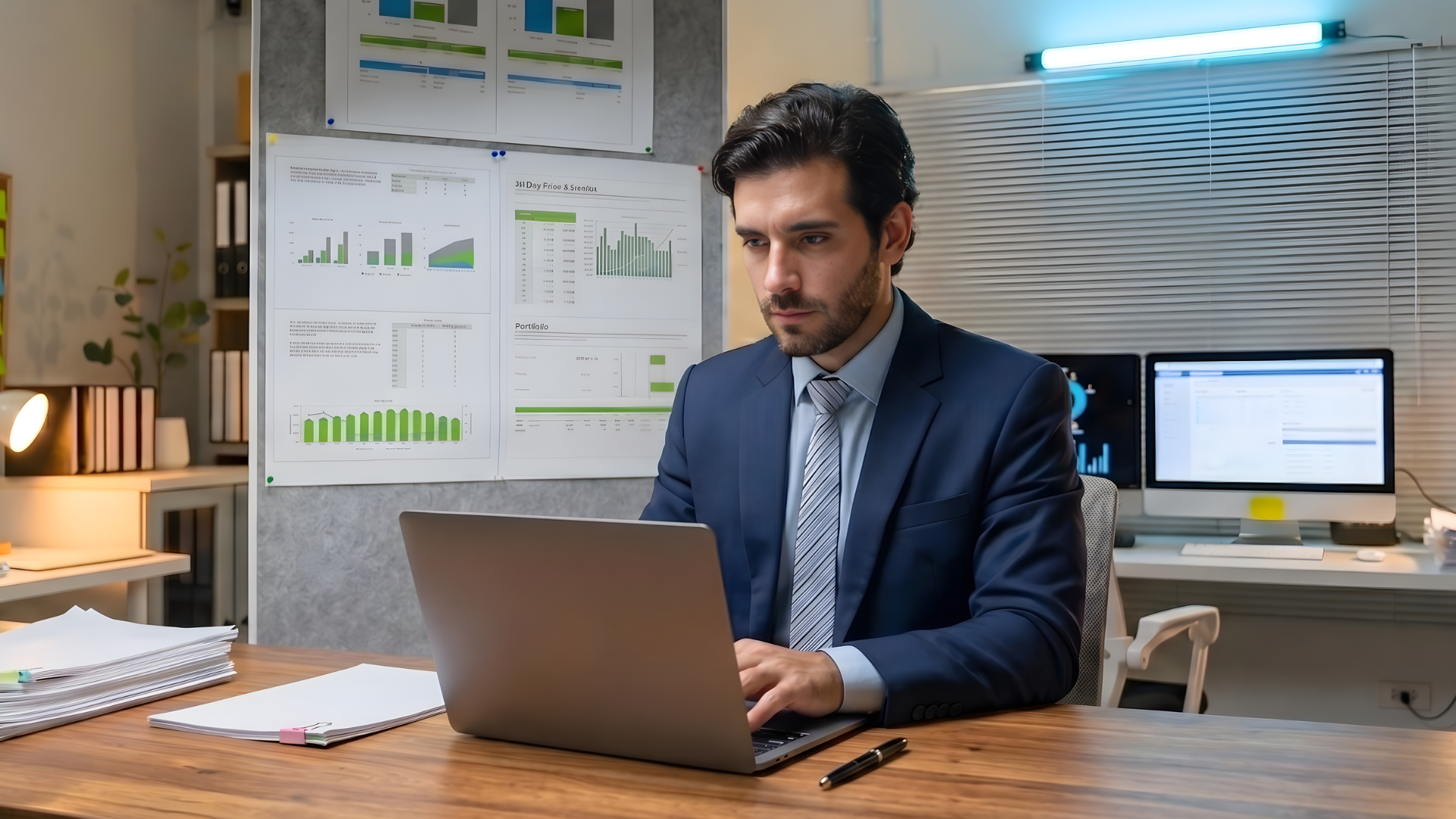 remote operations research analyst gathering data in a laptop with charts on the background