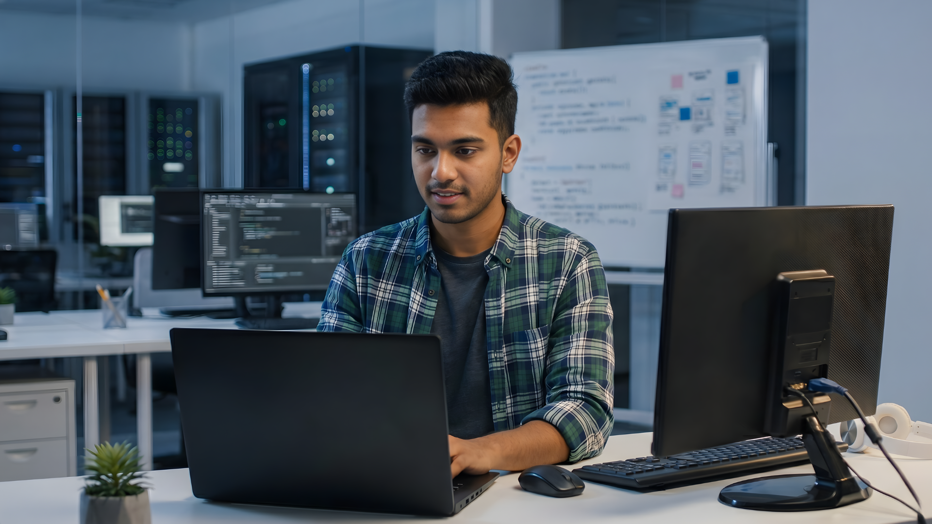 programmer in india working with a dual monitor setup