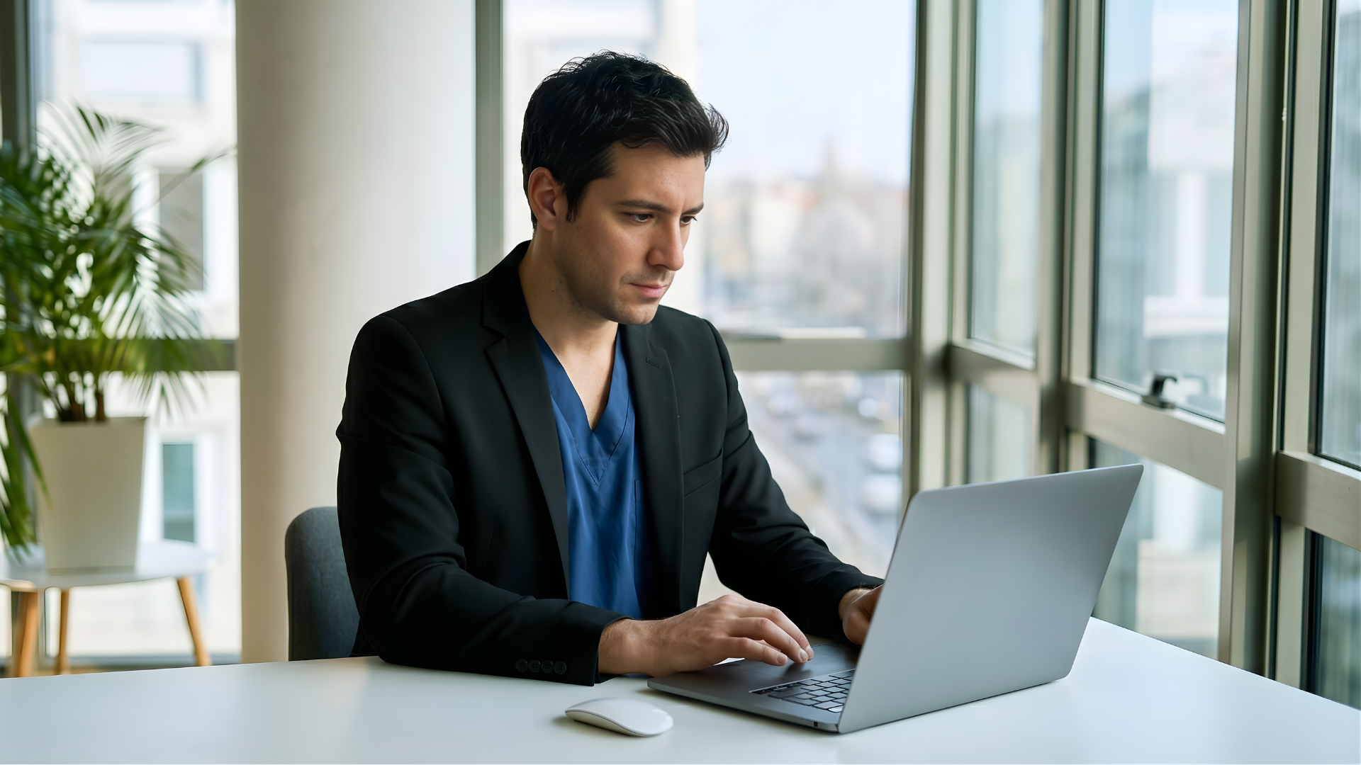 argentine male remote medical administrator working beside a window with city view