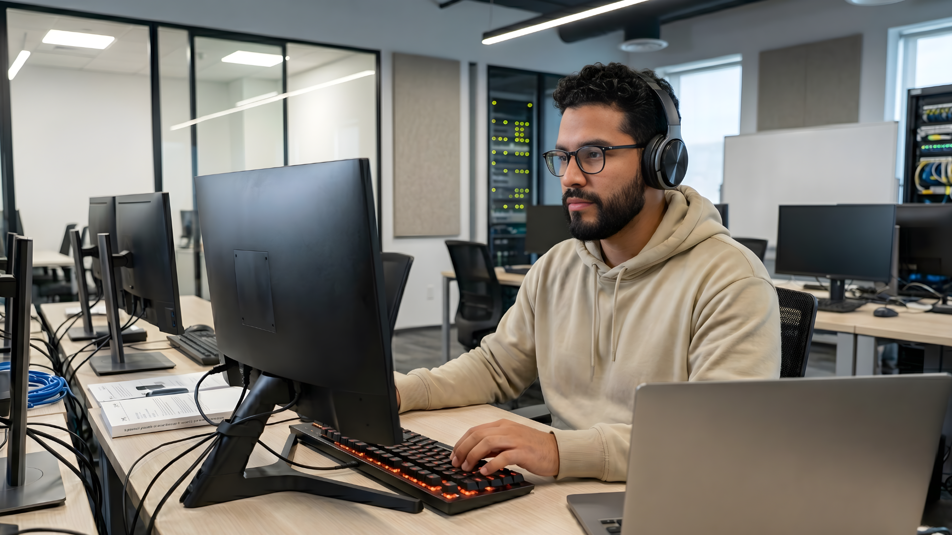 latino remote programmer working in a it office