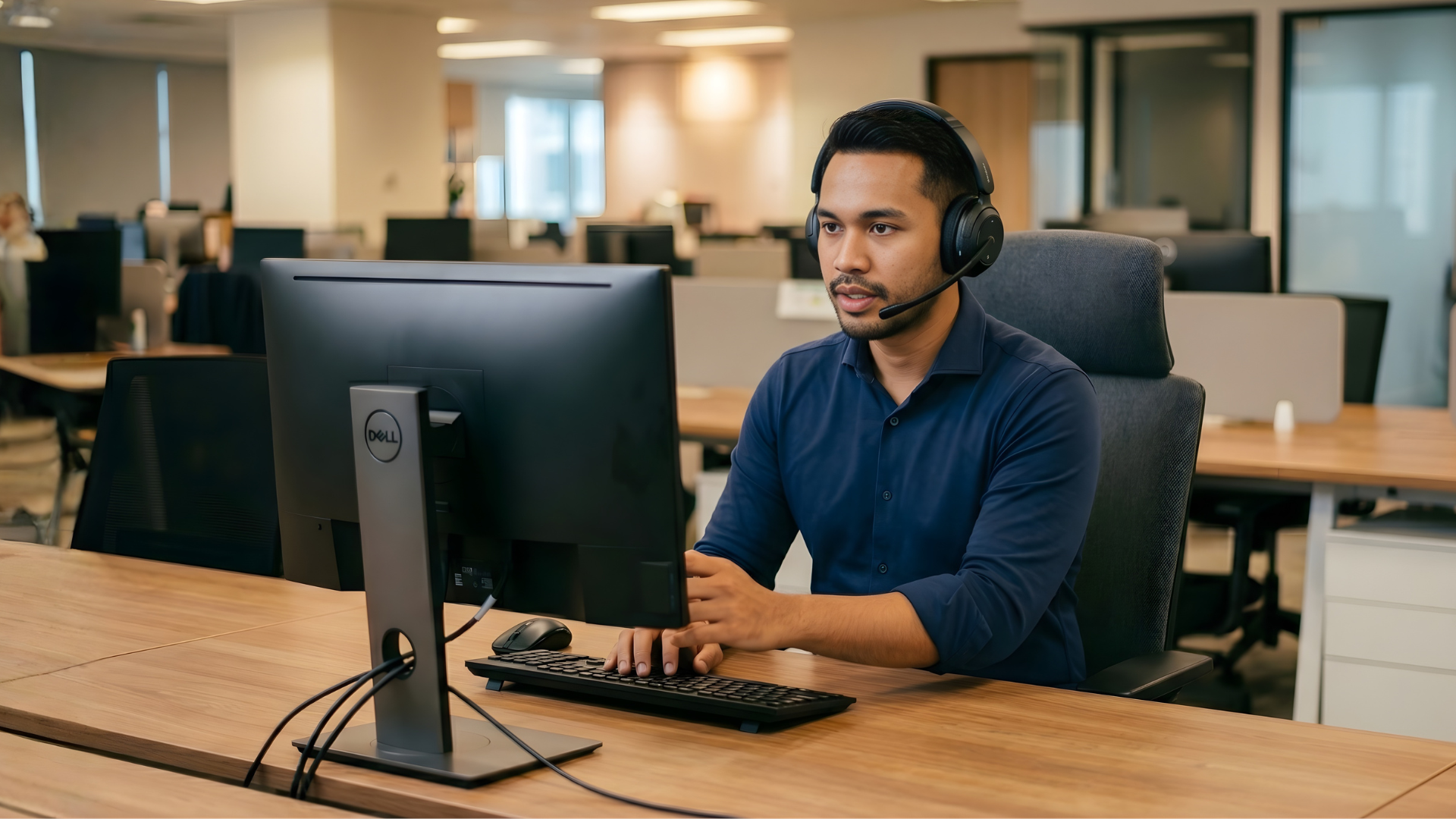 Malaysian remote recruitment specialist wearing headphones focused on his monitor while speaking in an office