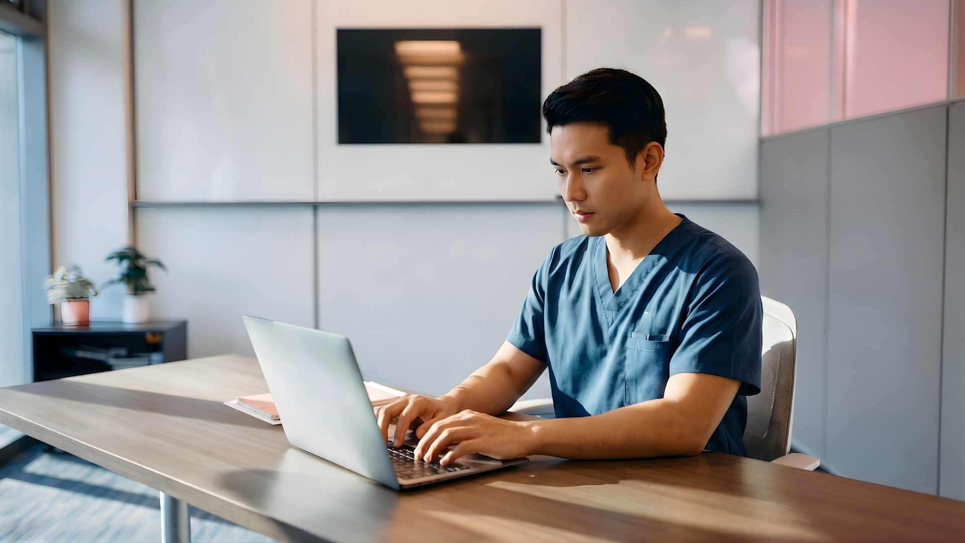 malaysian virtual clinic research associate typing a data from the research guide