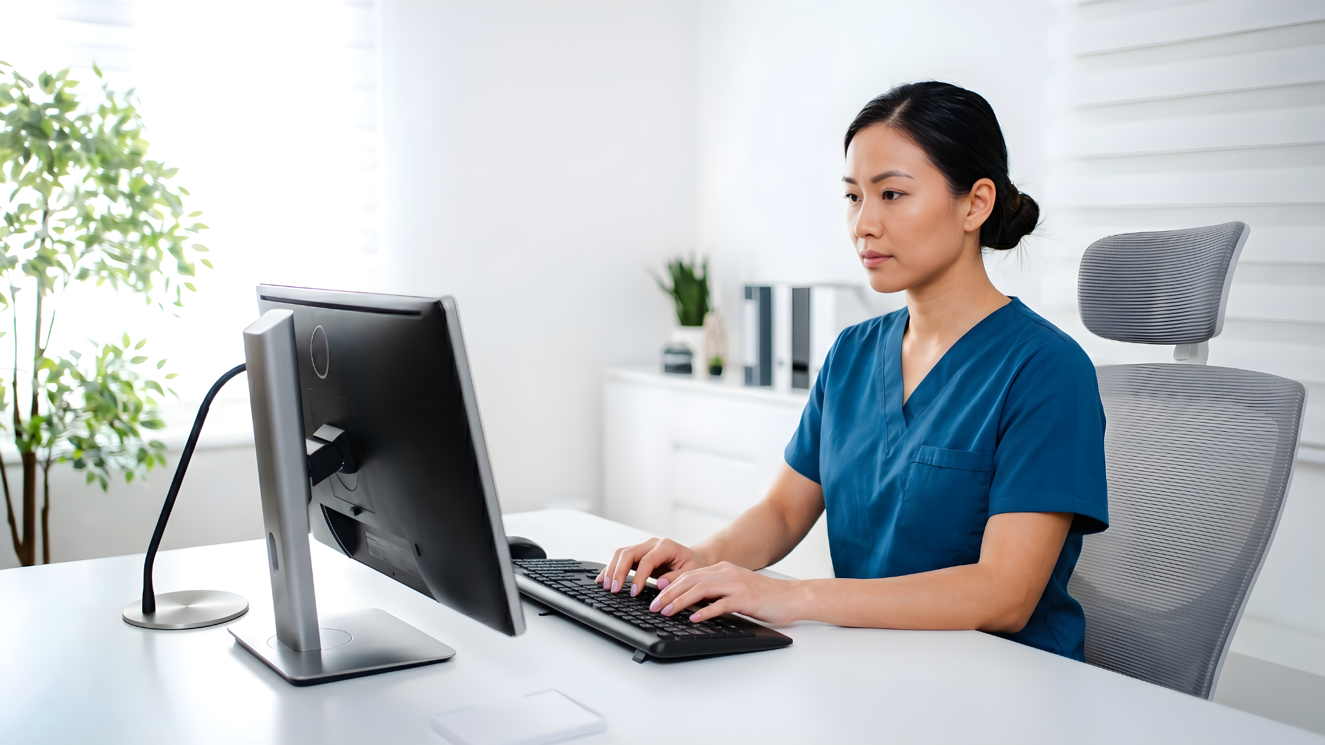 vietnamese remote clinic research associate working in a computer