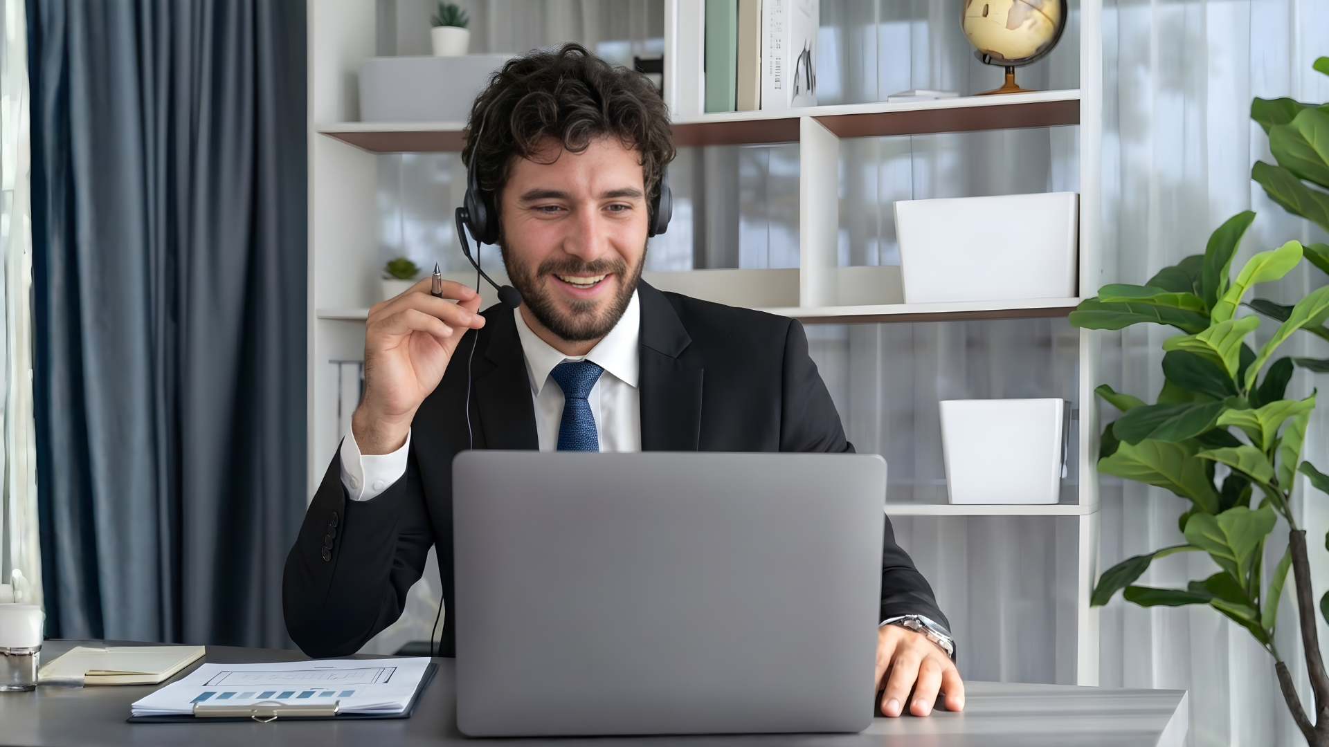 offshore customer success manager answering a client call in an office