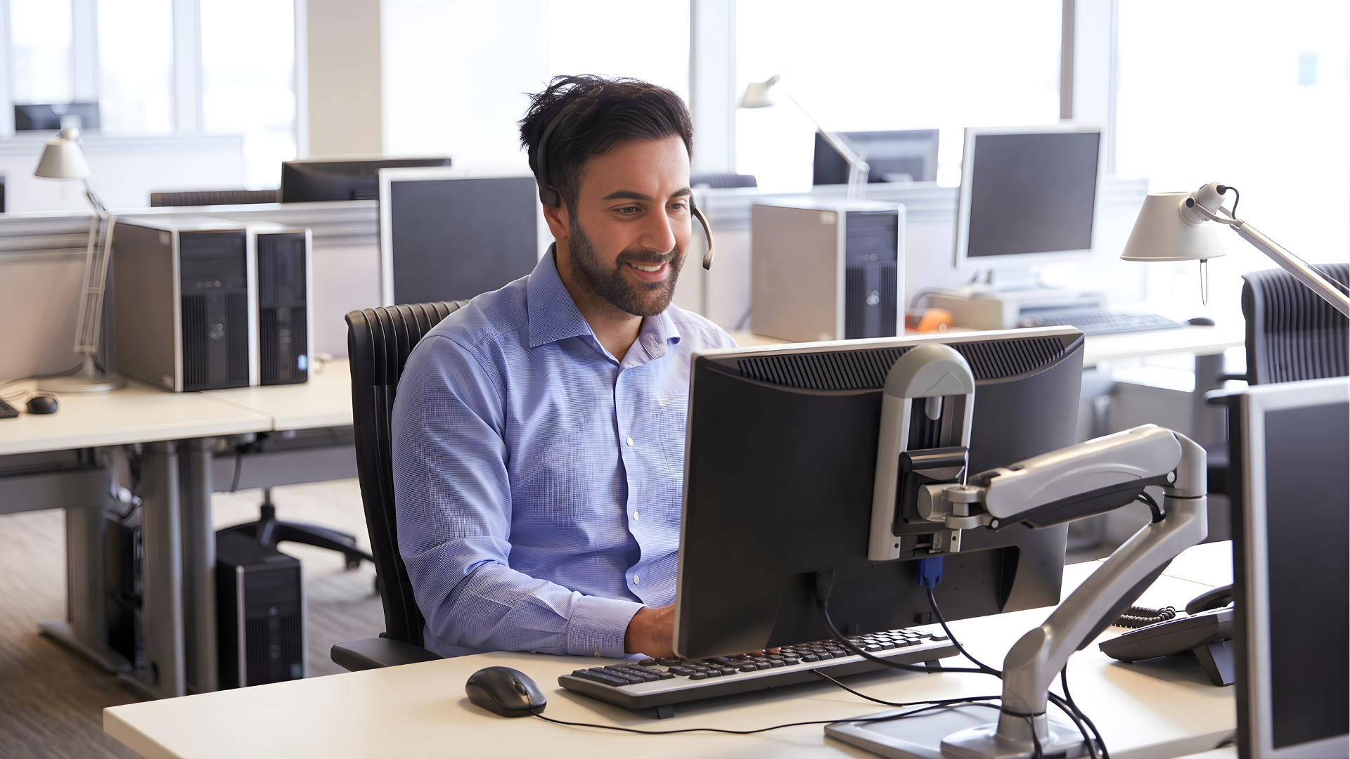 offshore managed services technician in argentina working with a desktop in a corporate office