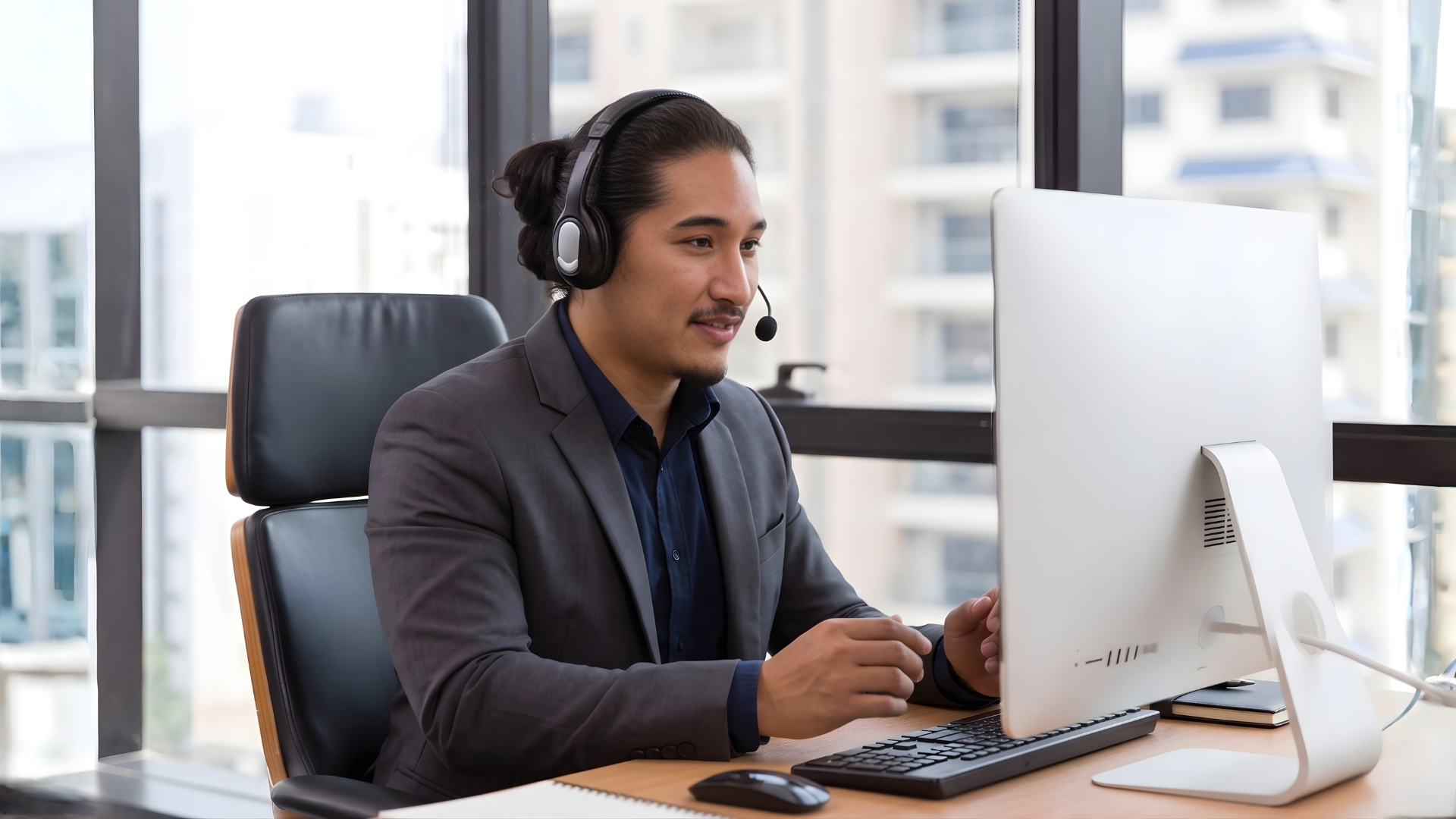 colombian managed services outsourcing staff answering client call with a high rise building on the background