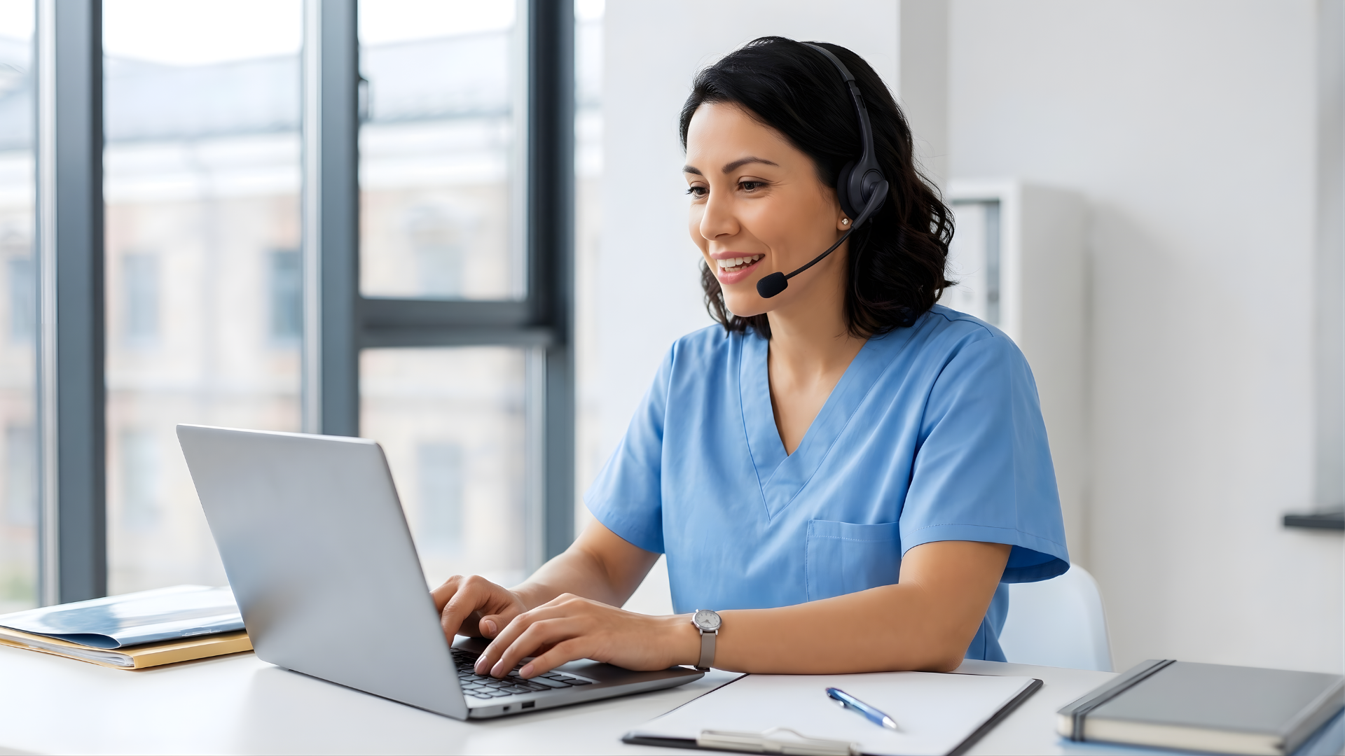 offshore medical coder working with a laptop wearing a headphones and scrub suit