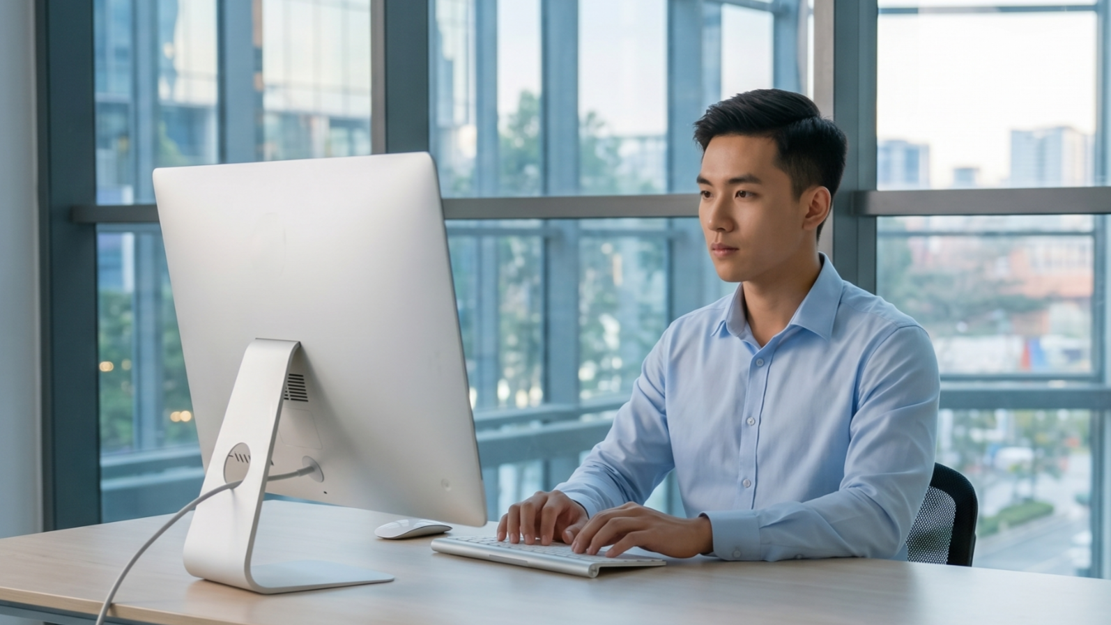 remote cloud engineer in Vietnam typing on a keyboard in a bright, modern corporate environment