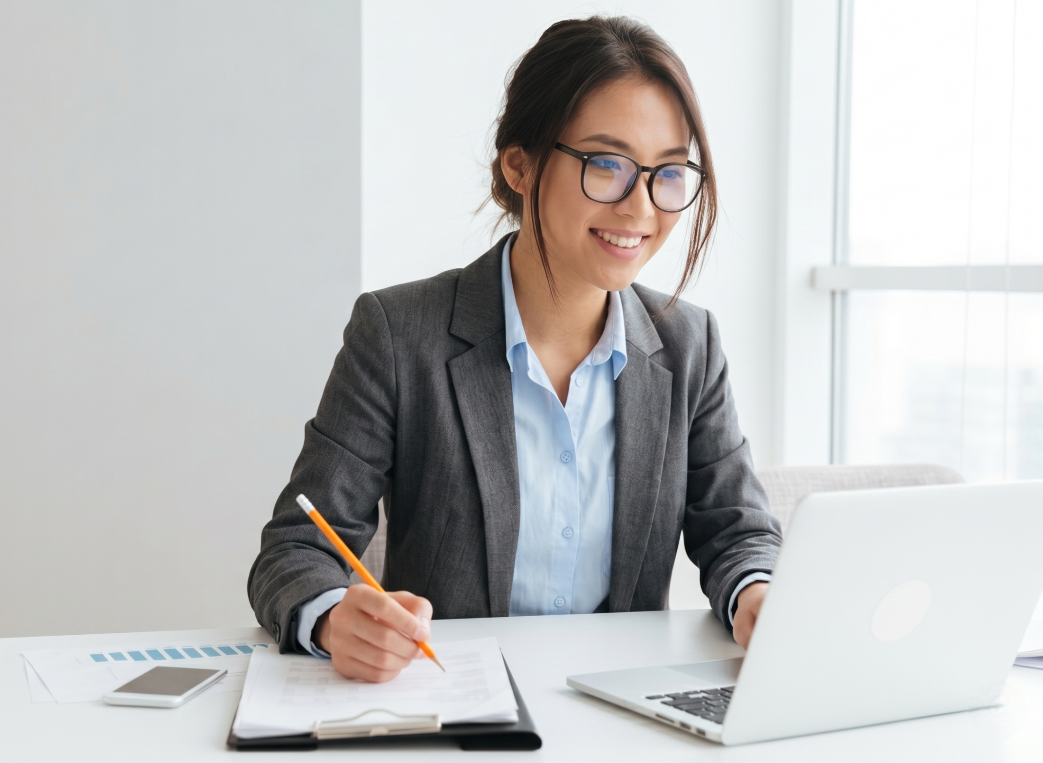 businesswoman representing a cost accountant outsourcing team smiling while updating reports on her laptop