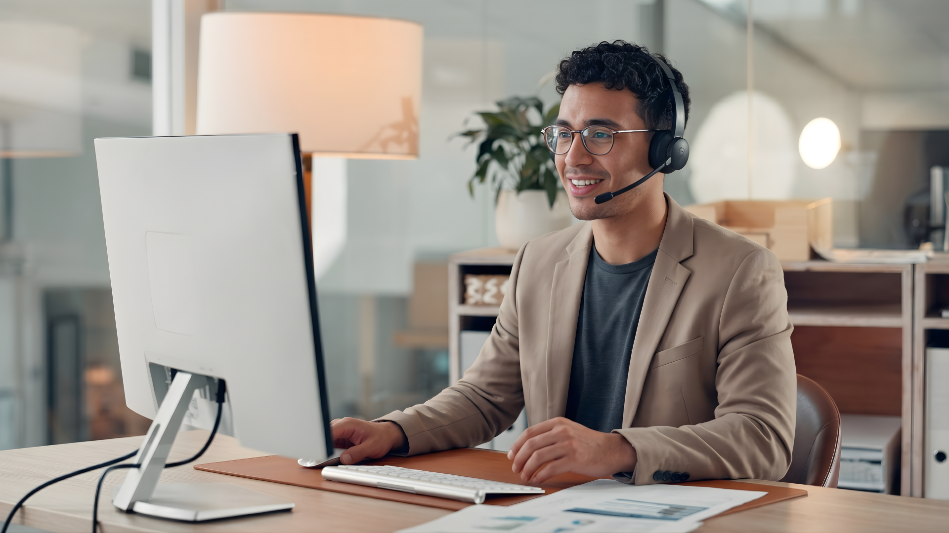 offshore customer retention specialist wearing glasses and a headset while providing support via a computer