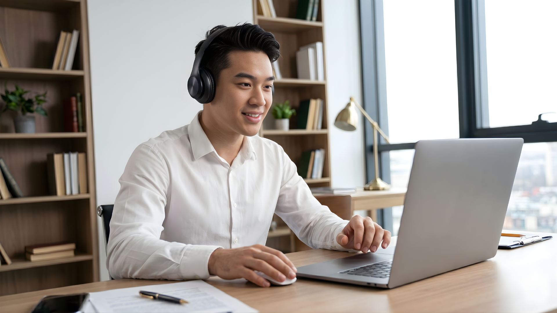 outsourced customer retention professional with headphones working diligently on a laptop at a wooden desk