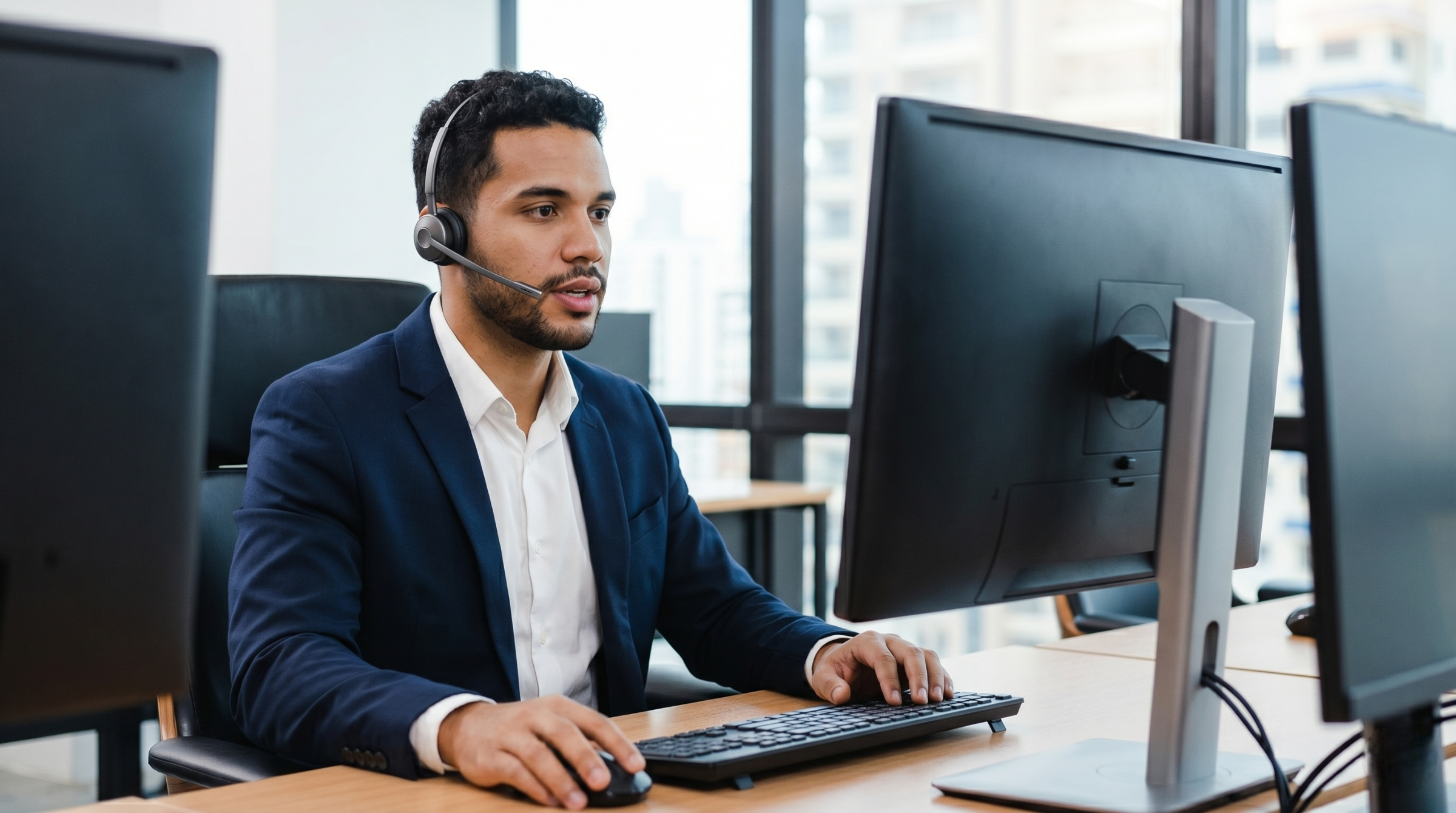 outsourced help desk support specialist in a suit focused on resolving technical issues at his multi-monitor workstation