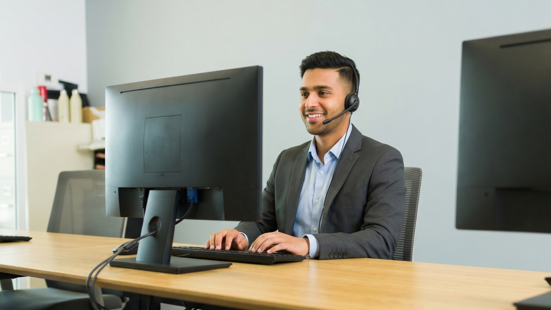 outsourced help desk support specialist wearing a headset and smiling while assisting a client from his desktop computer