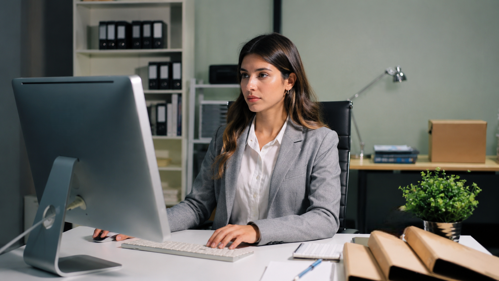outsourced legal operations specialist working on a desktop computer in a modern office in Argentina