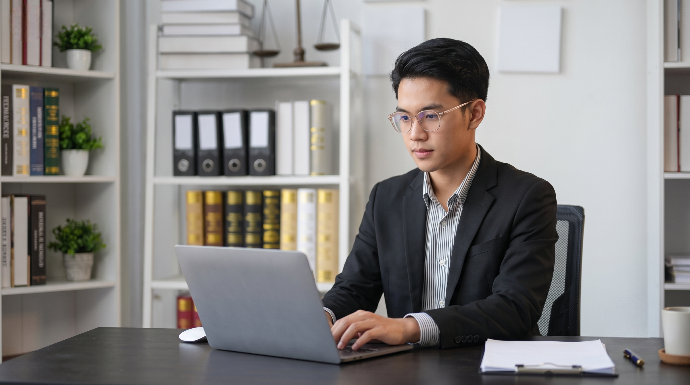 outsourced legal operations specialist typing on a laptop at a desk in Malaysia