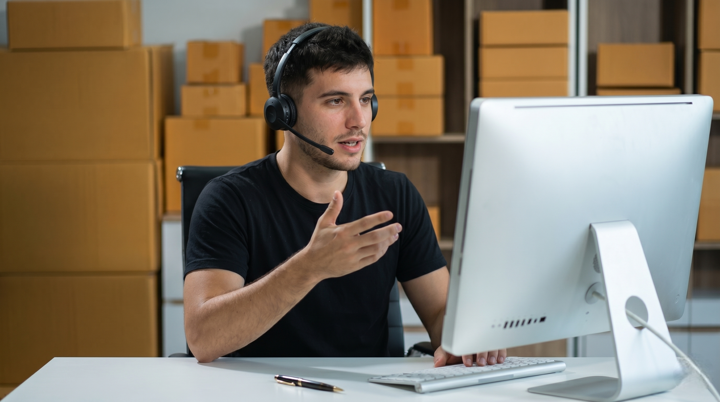 male outsourced logistics coordinator in Argentina wearing a headset and gesturing while looking at a desktop monitor