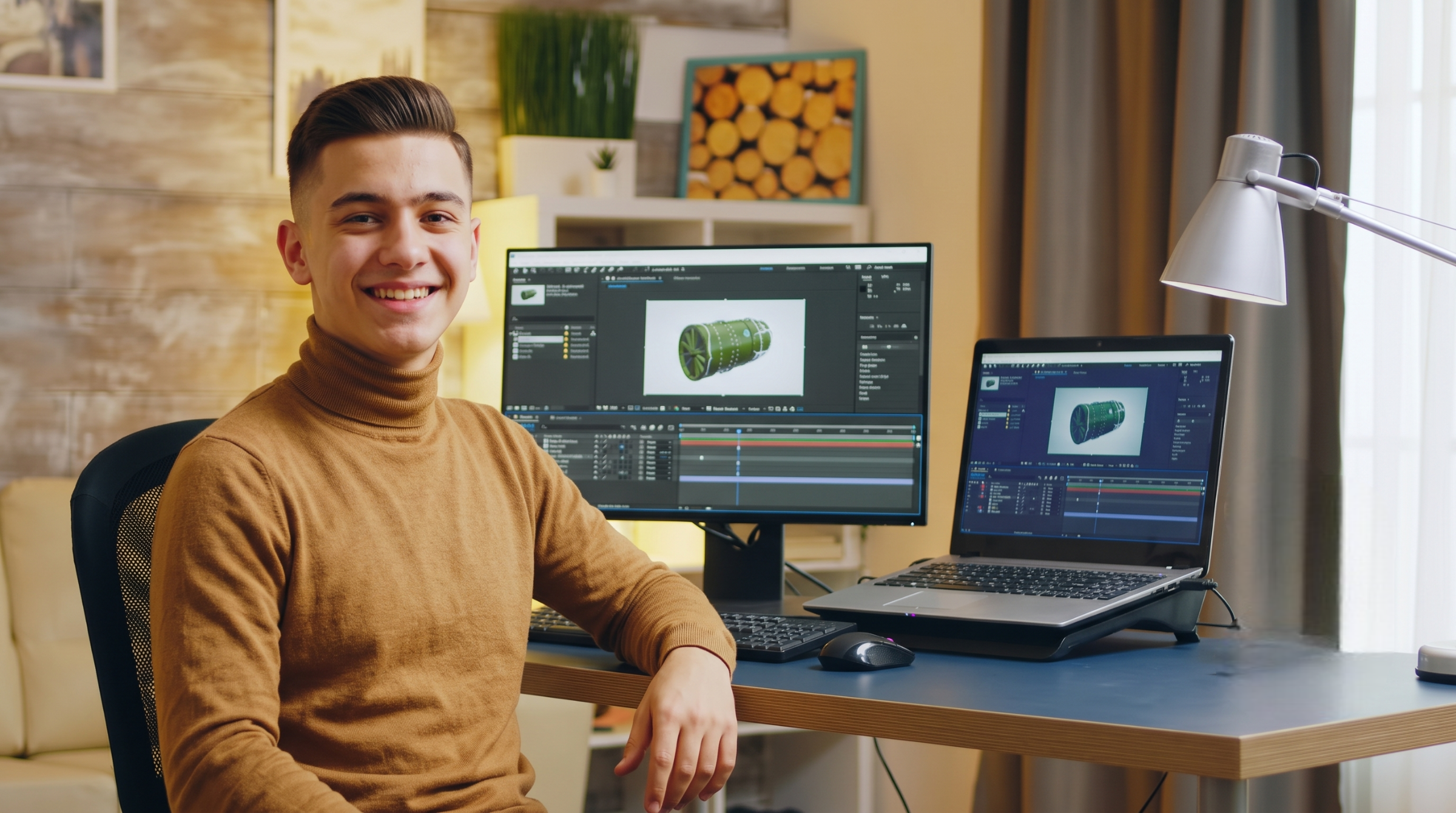 smiling remote motion designer sitting at a desk with dual monitors editing a 3D animation