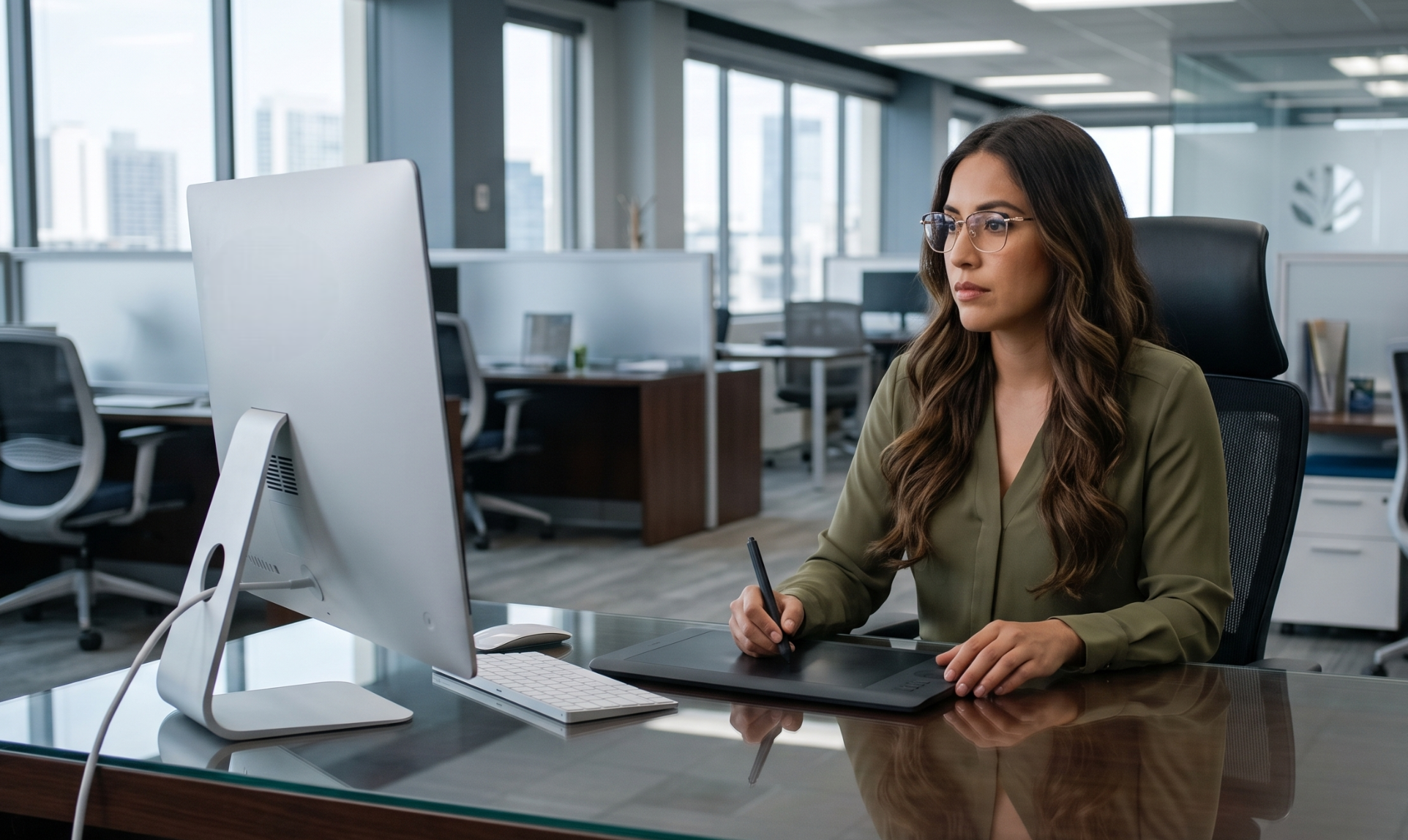 professional working latina on a graphic tablet in a modern office setup to hire motion designer services