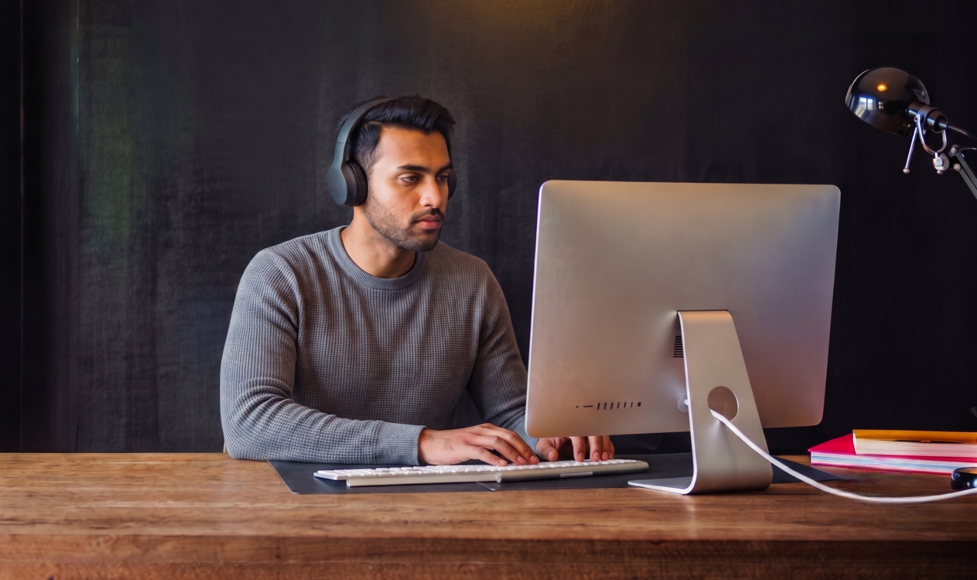 focused remote motion designer with headphones editing video content on a desktop computer.