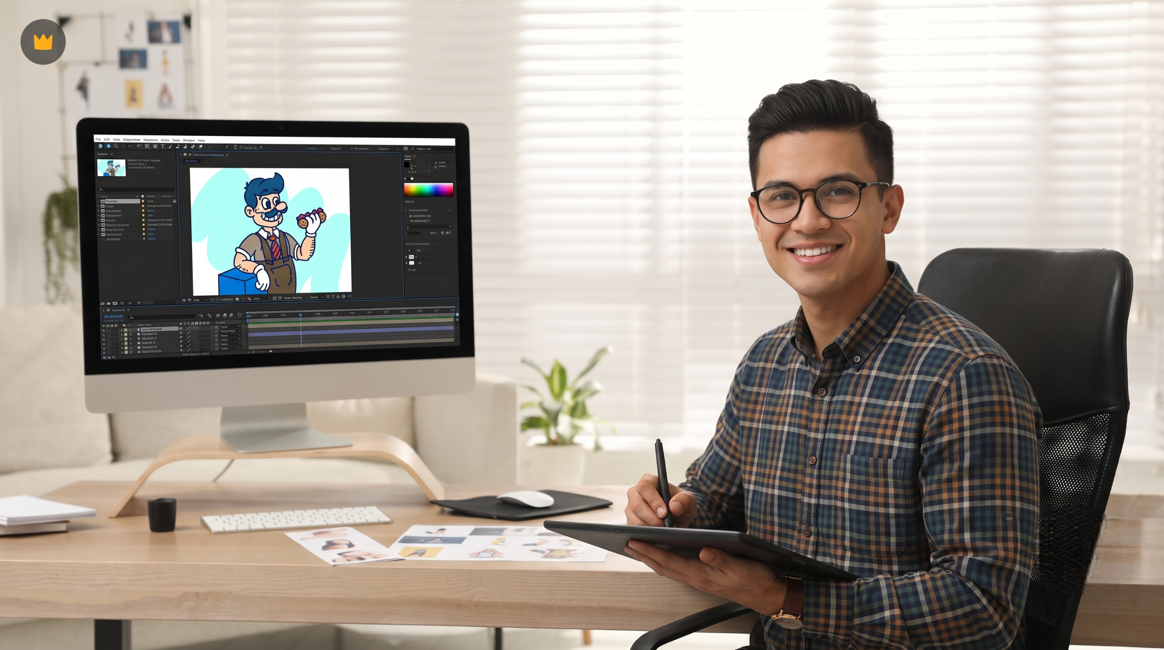 hire motion designer holding a stylus at a modern desk featuring a computer screen with a 2D character animation
