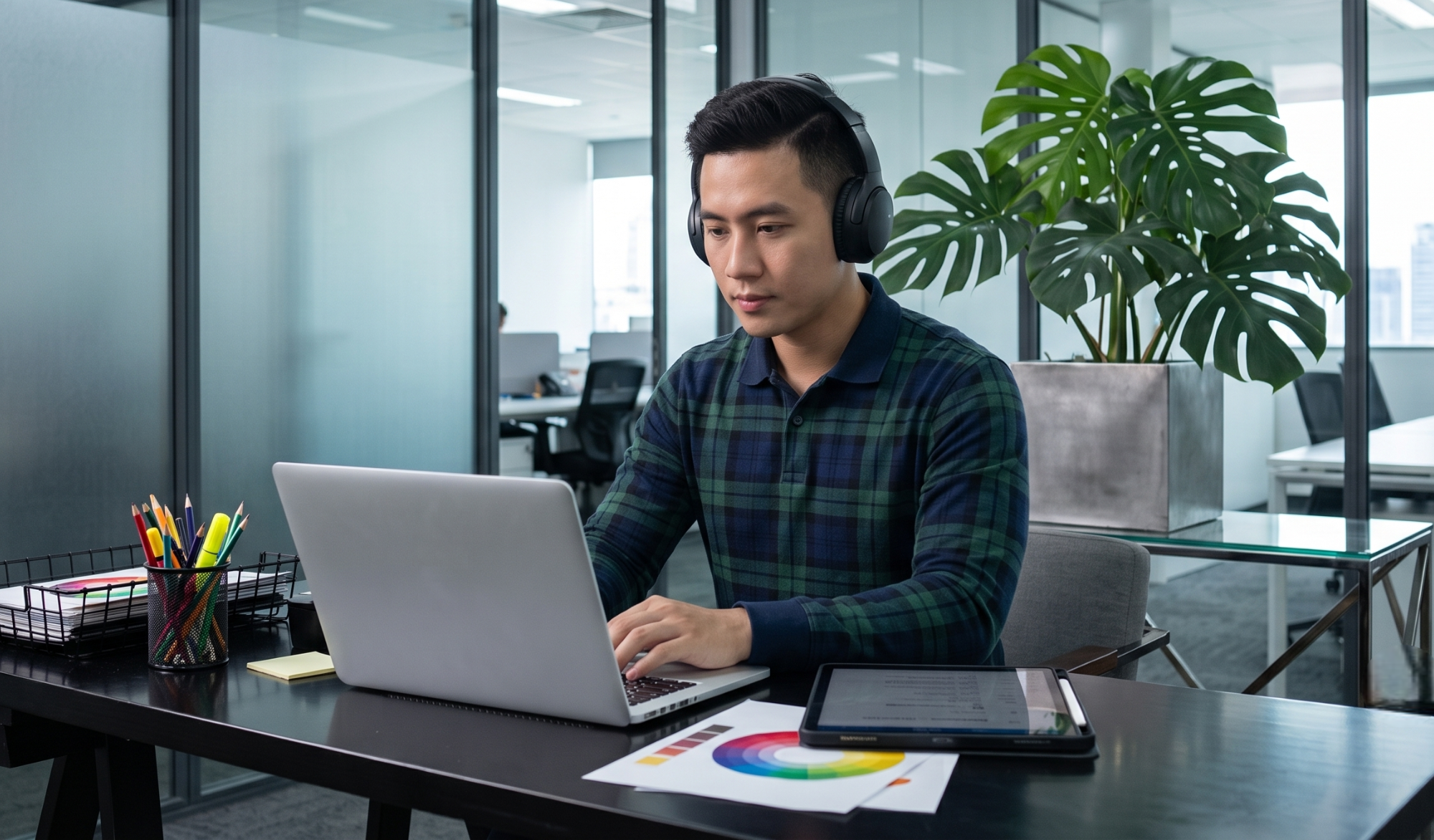 remote motion designer wearing headphones and working on a laptop at a workspace