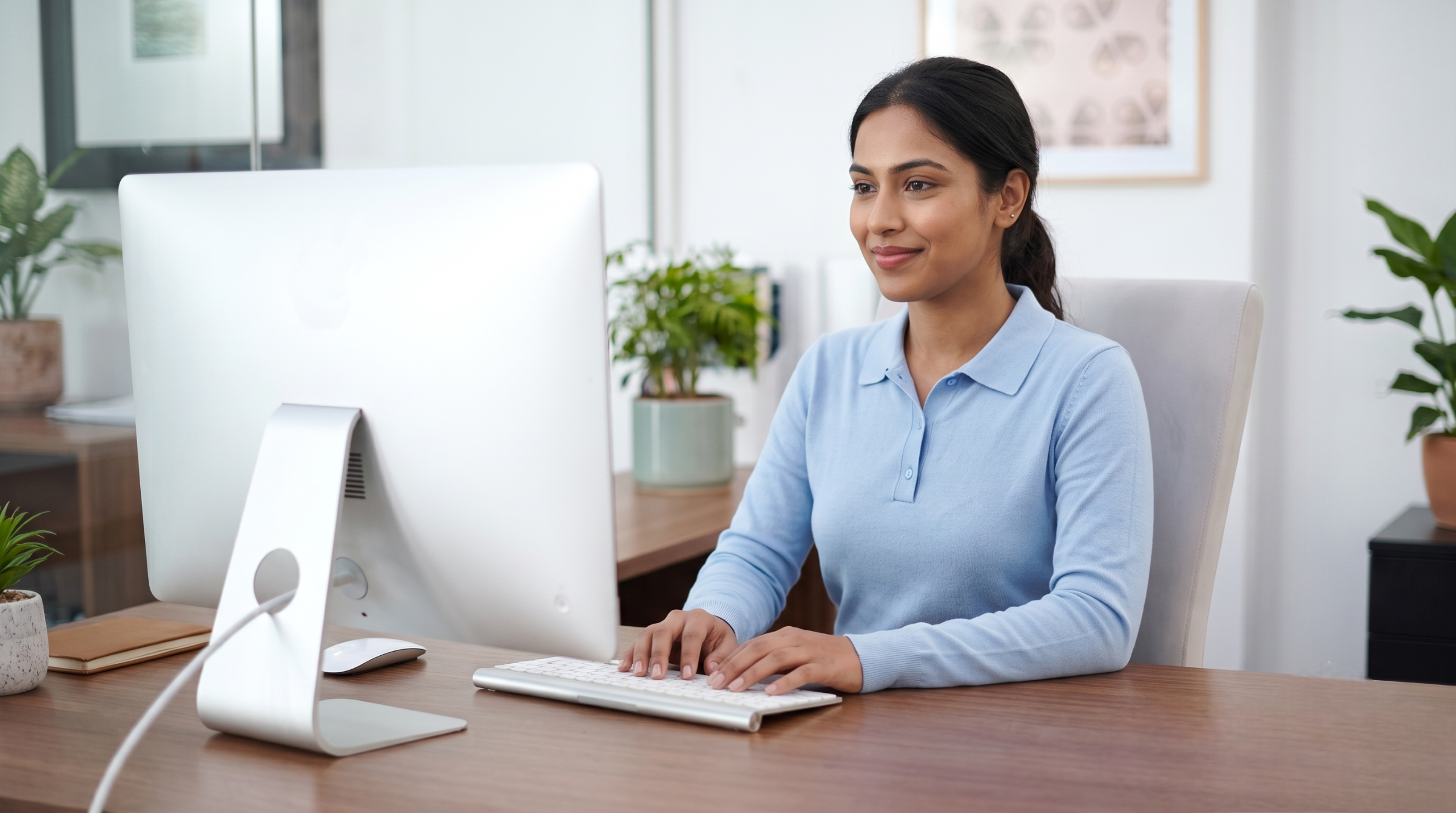 professional indian working on an iMac, showing why businesses choose to hire payroll officer talent.