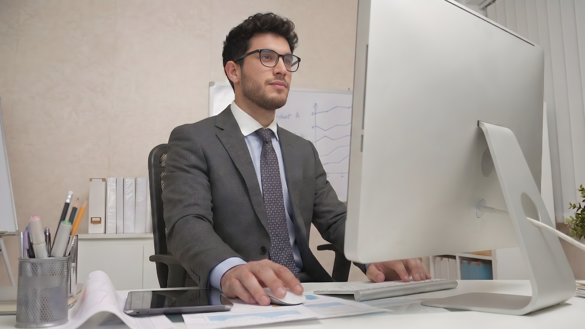 professional remote actuary in a suit and tie focusing on a large desktop monitor at a clean office desk
