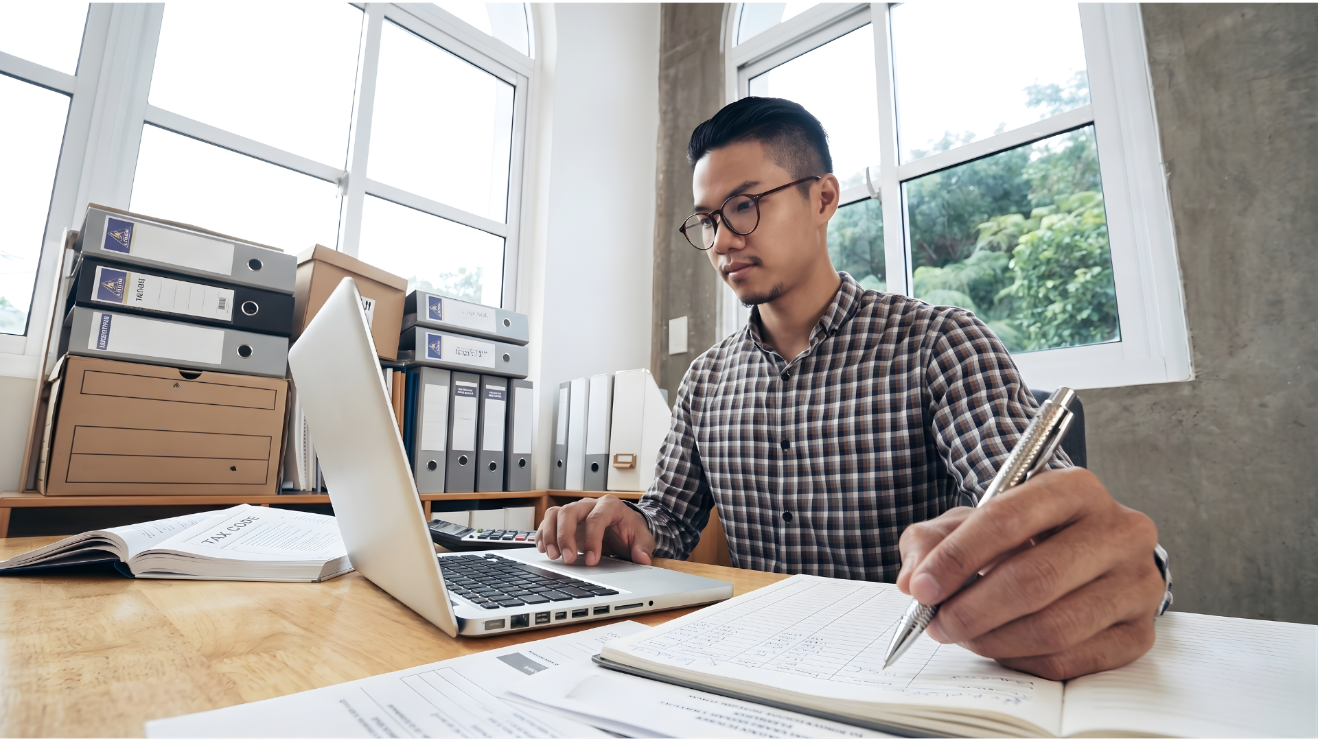 remote actuary in a plaid shirt reviewing financial documents and using a laptop in a well-lit office with binders