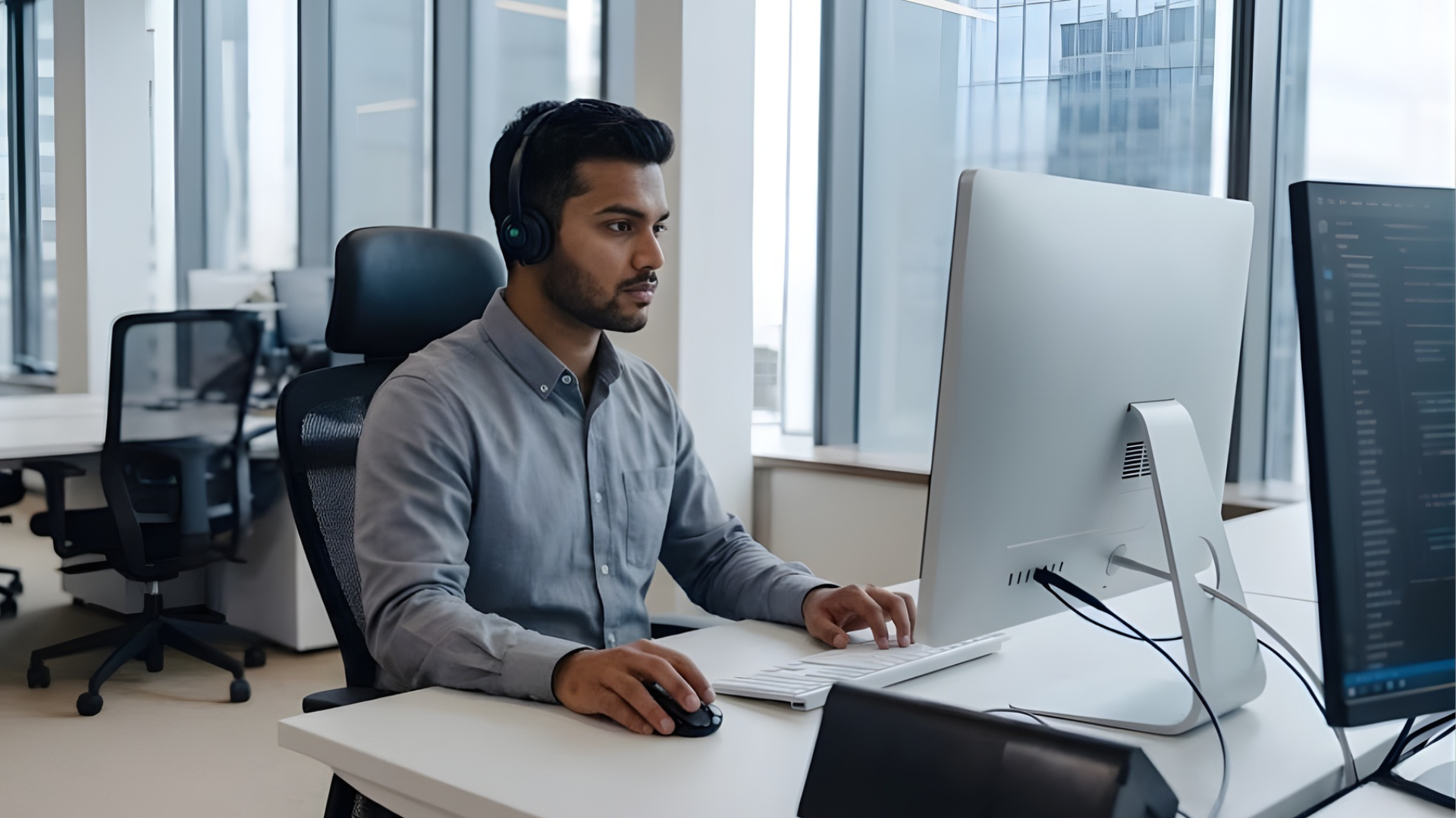 An indian offshore salesforce developer wearing a headset while monitoring code on a dual-screen workstation