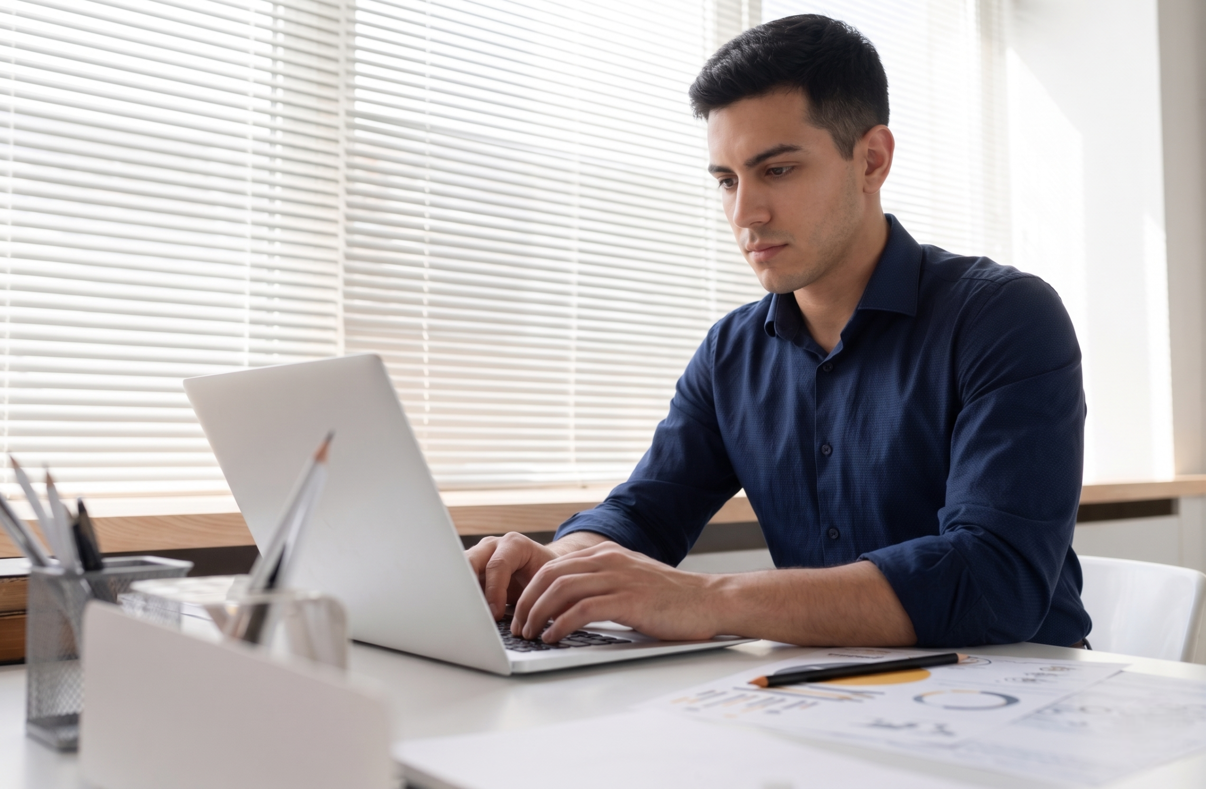 outsourced underwriting professional typing in a laptop