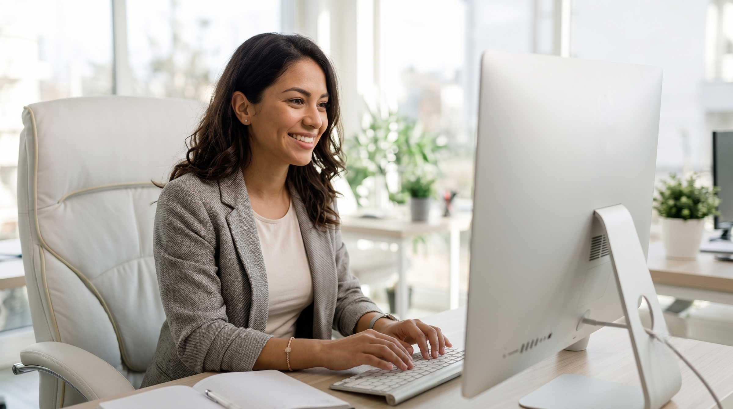 Professional amazon virtual assistant in Colombia working at an office computer station