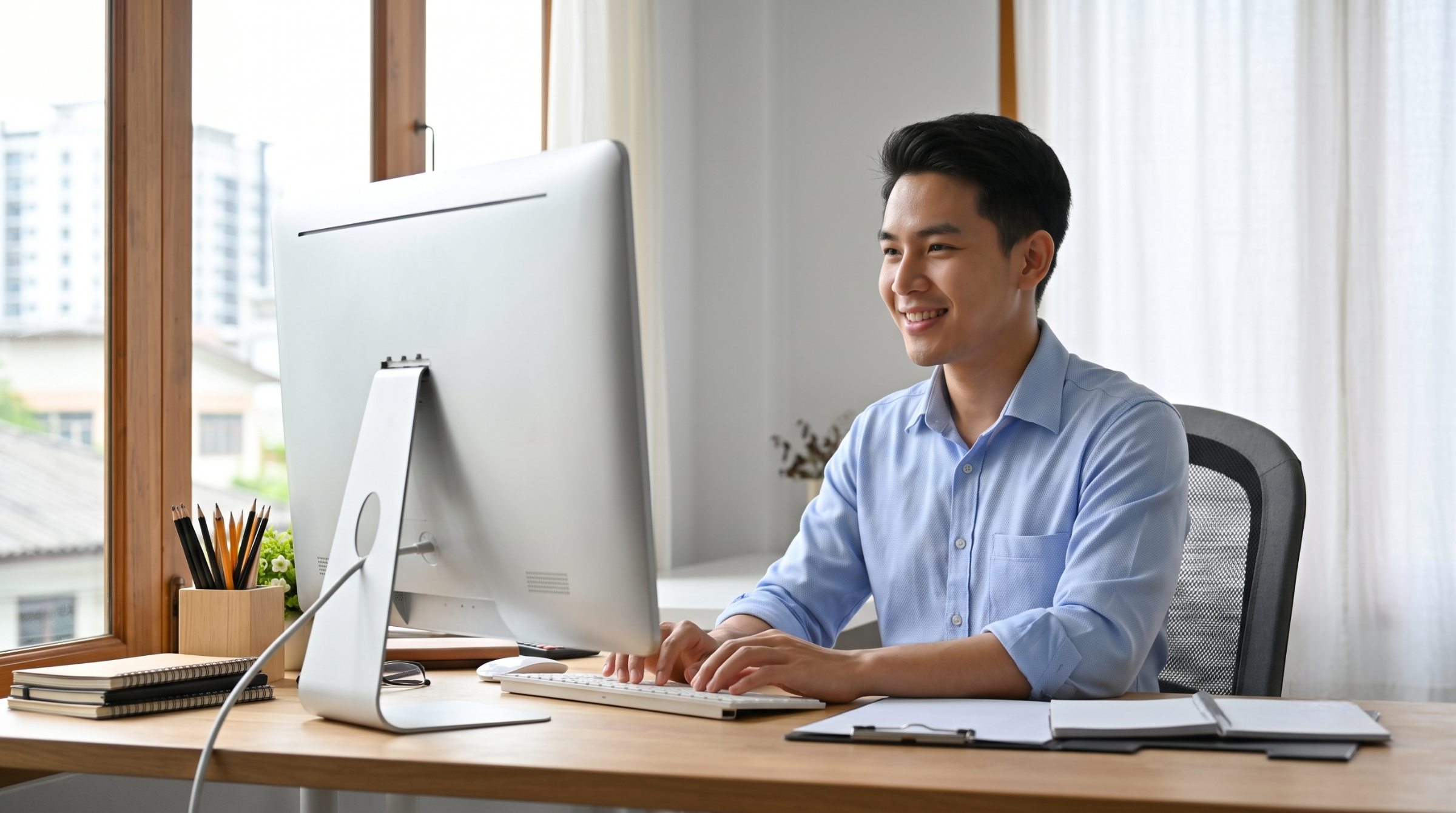 Male amazon va in Malaysia typing on a desktop computer in a modern workspace