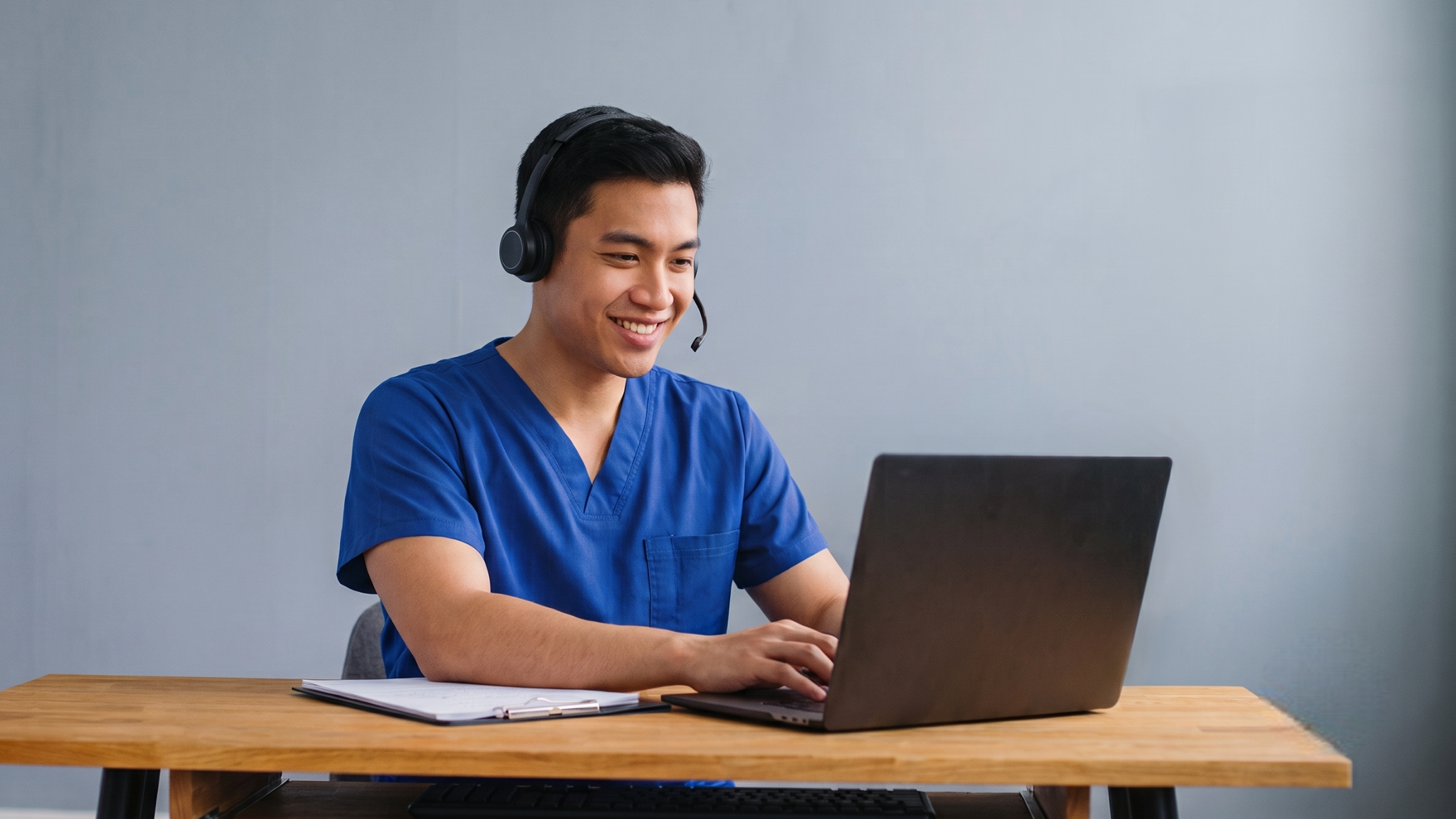 A male healthcare professional in Malaysia wearing scrubs and a headset smiles while using a laptop to provide outsourced clinical trial services