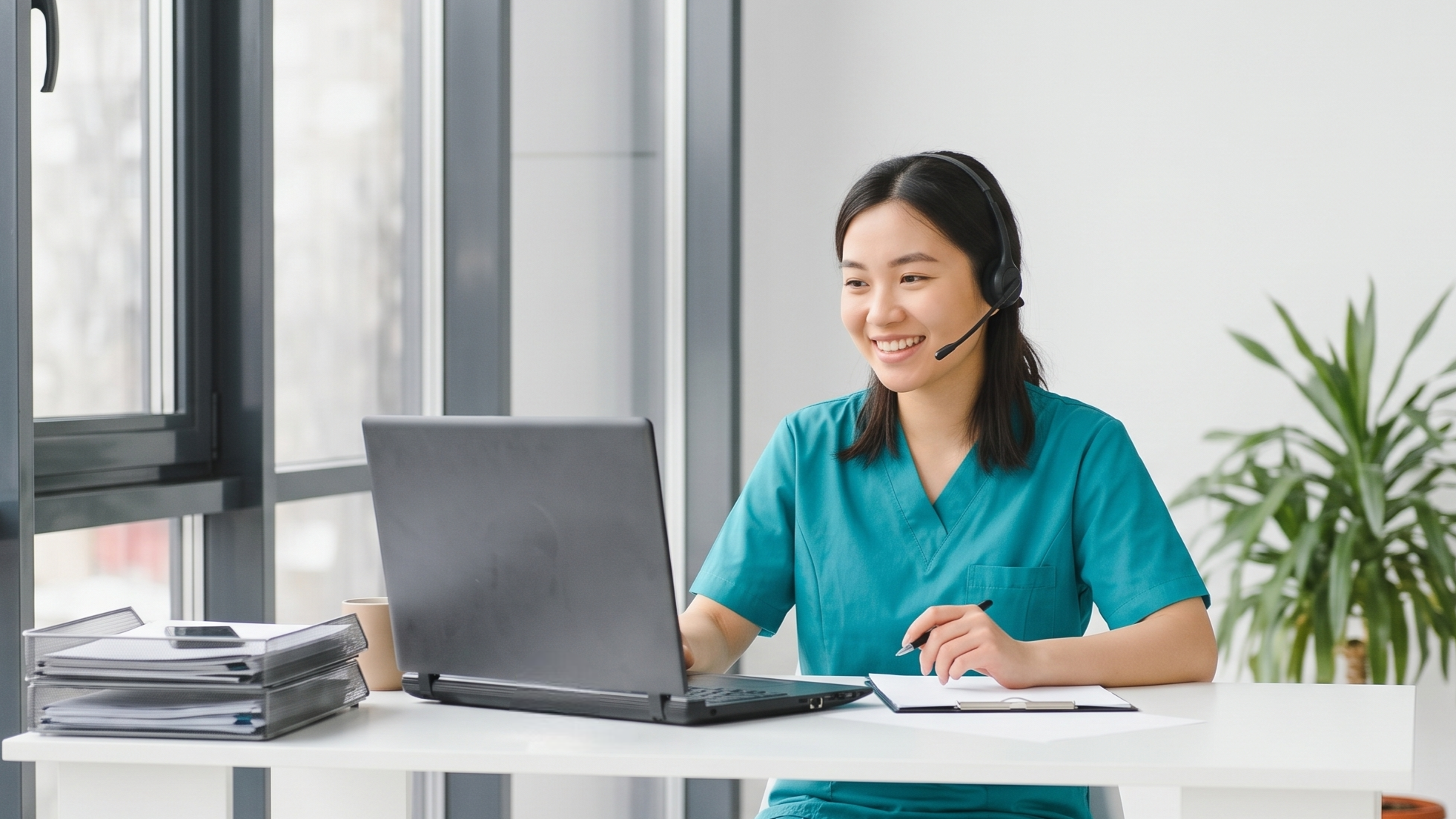 female clinical trial coordinator working remote from an office in Vietnam, wearing a headset and typing on her laptop