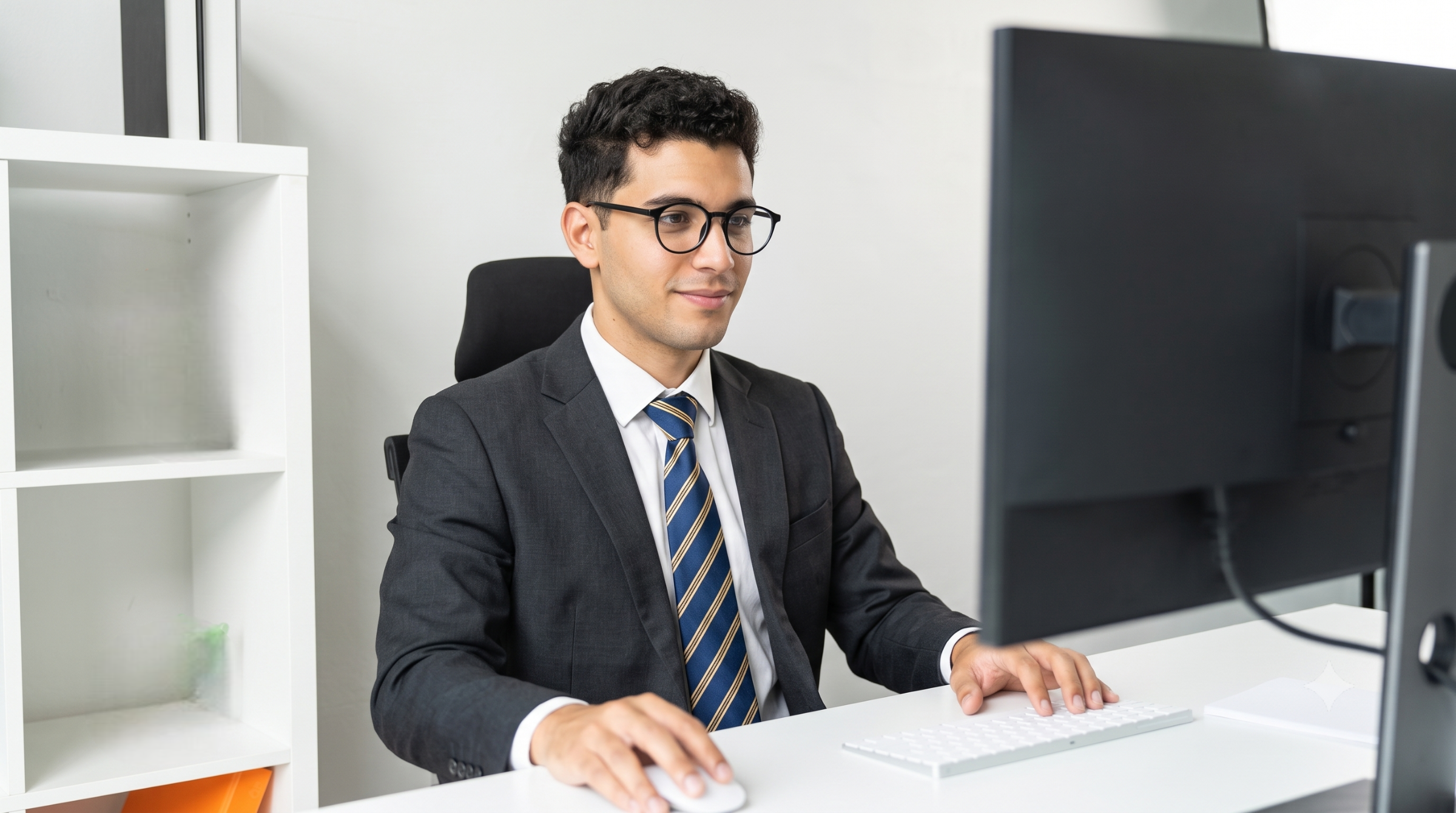Male outsourcing governance officer in Argentina wearing glasses and typing on a computer