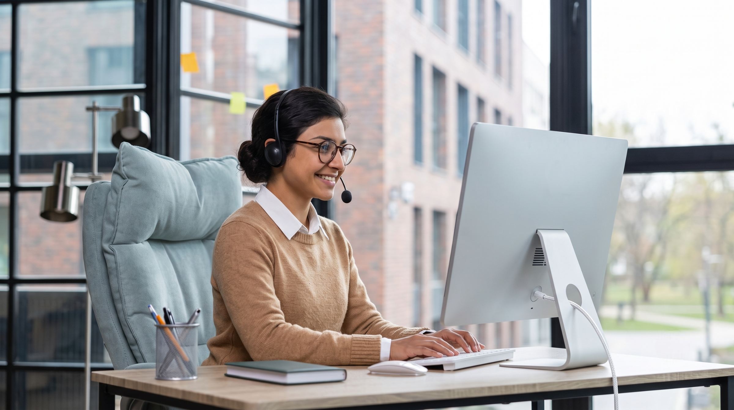 Smiling remote live chat support agent typing on a laptop computer