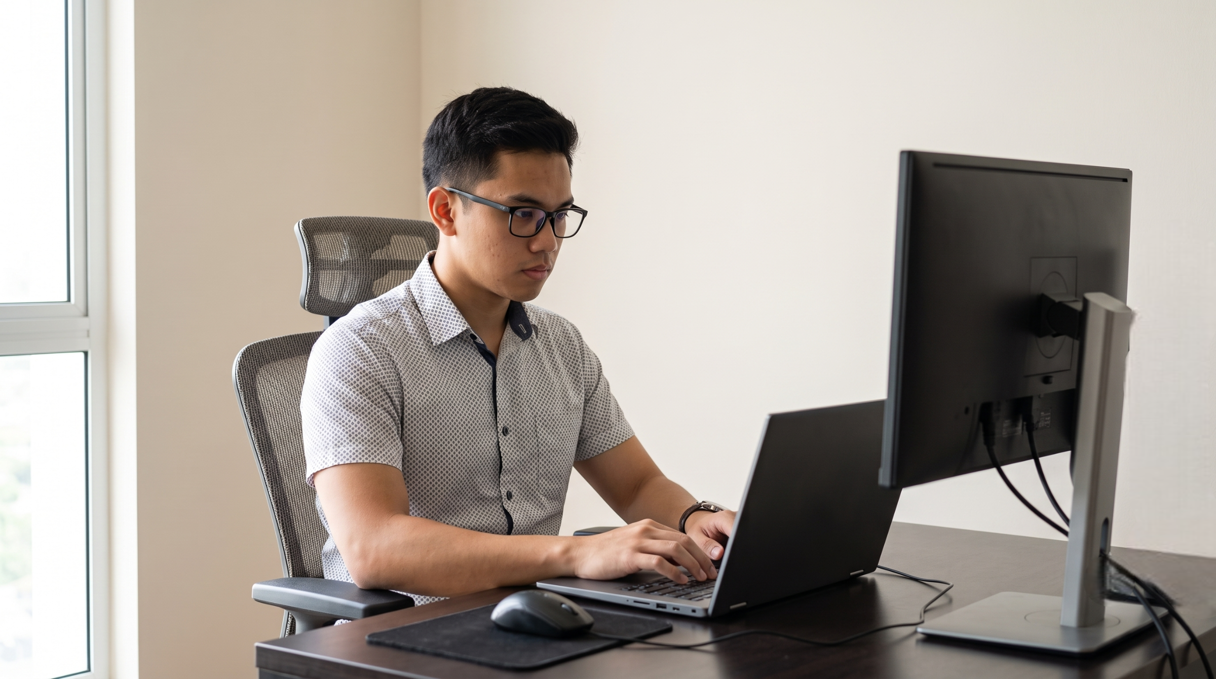 developer with glasses typing on a laptop next to a large monitor, ideal to hire an integration engineer in Malaysia