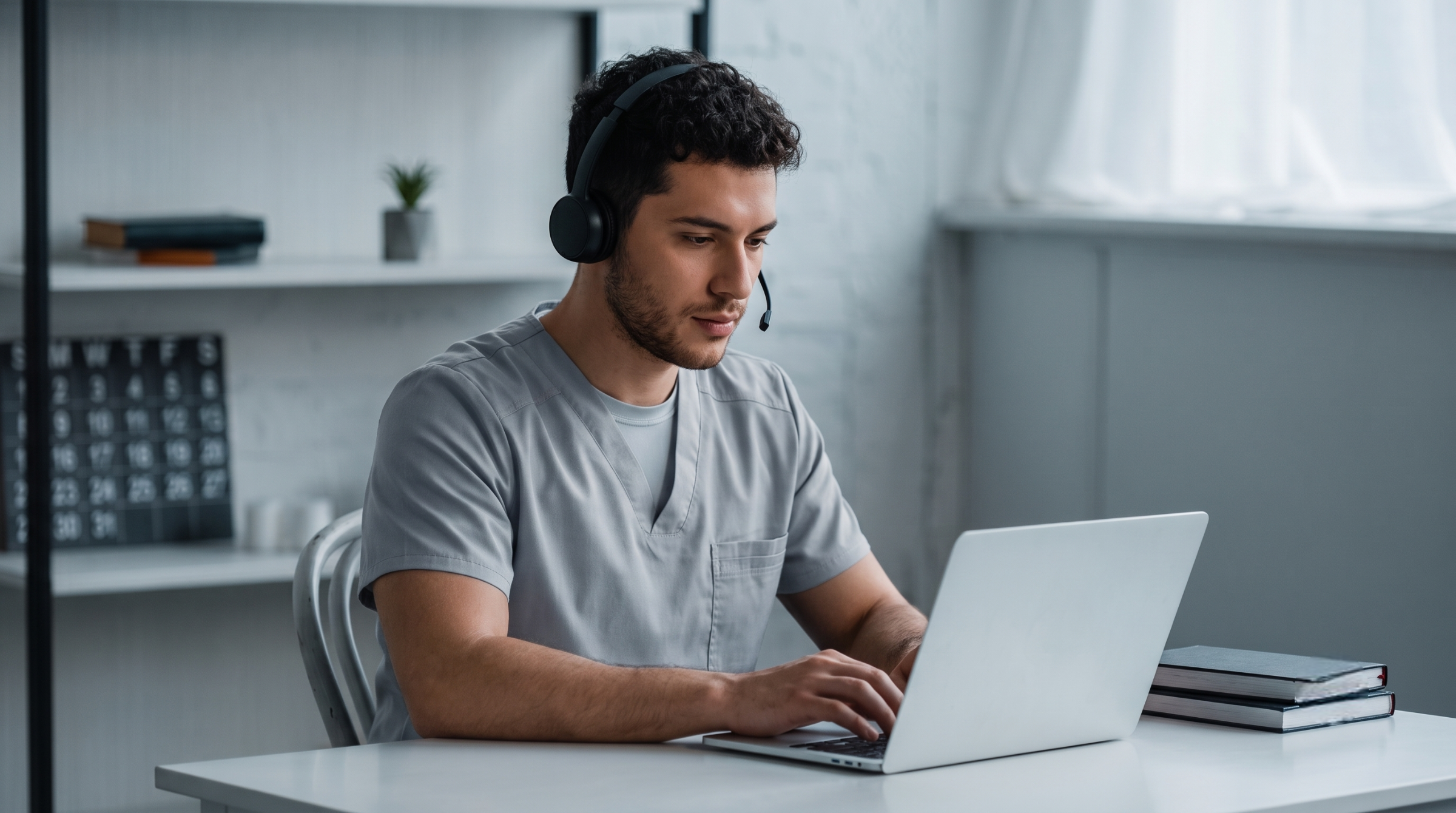 An outsourced virtual medical assistant wearing a headset and scrubs while typing on a laptop at his desk