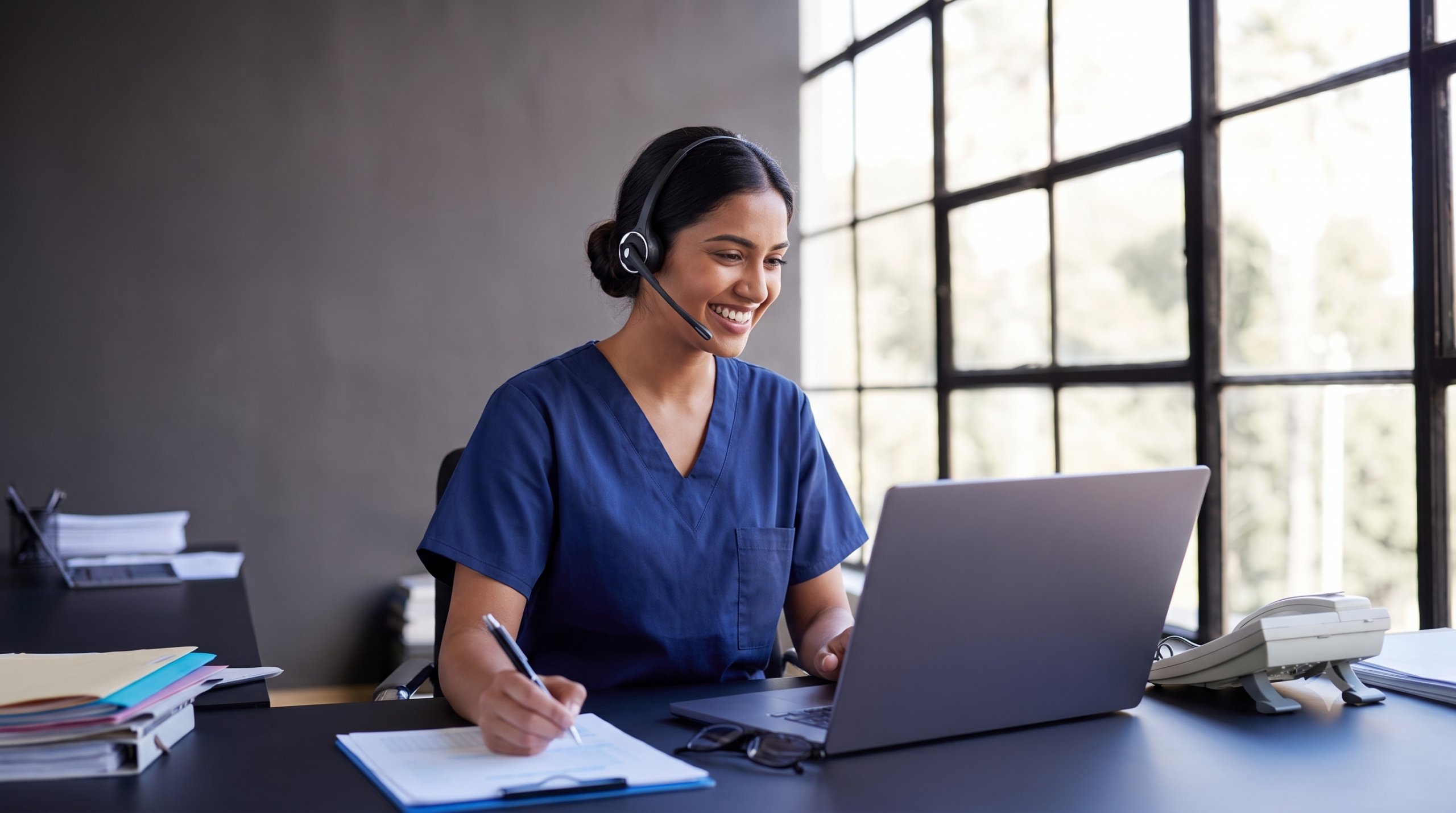 medical virtual assistant in scrubs wearing a headset and smiling while working on a laptop at her desk