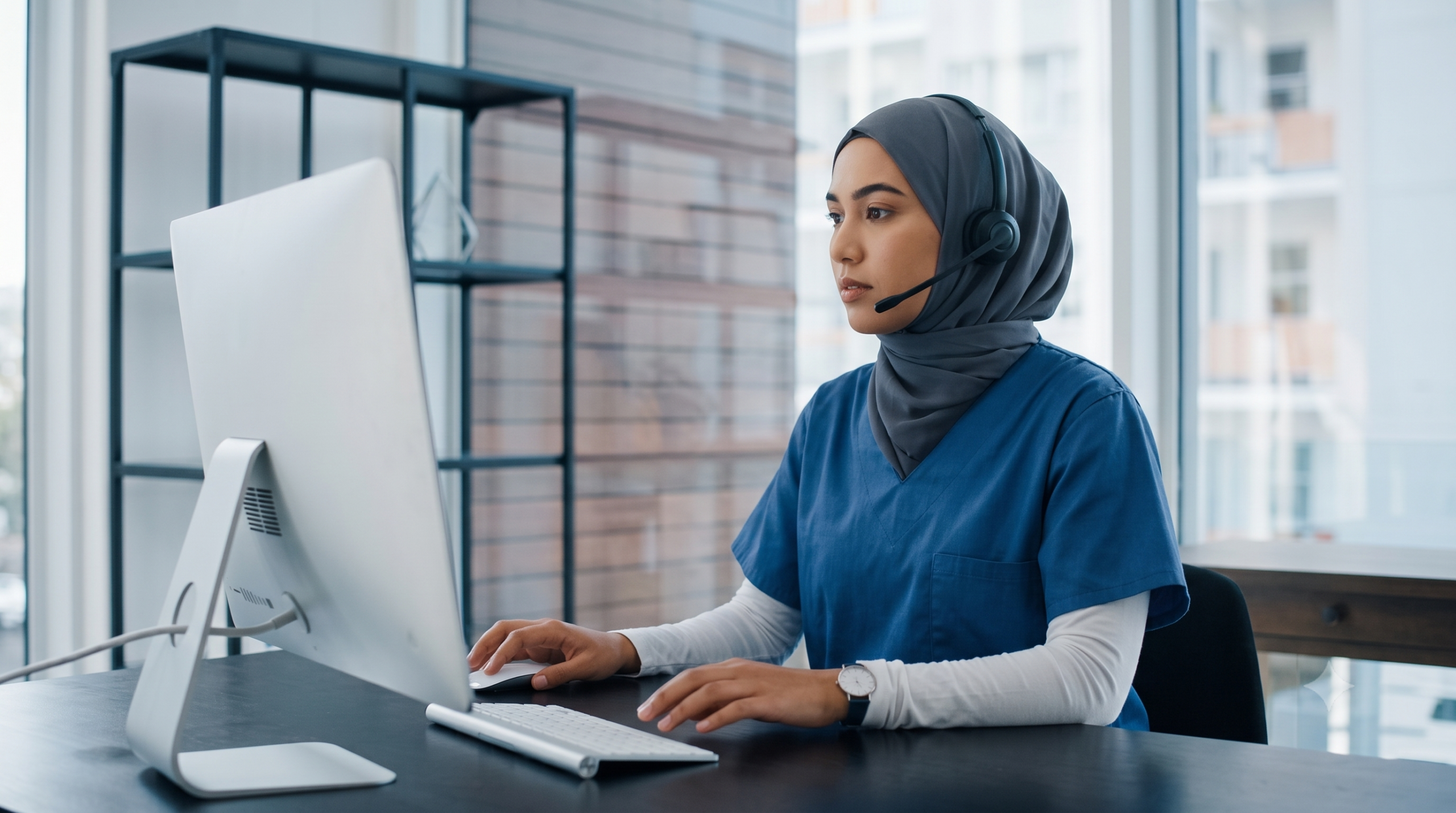 A professional wearing a hijab and scrubs working as an outsource medical virtual assistant at a desktop computer