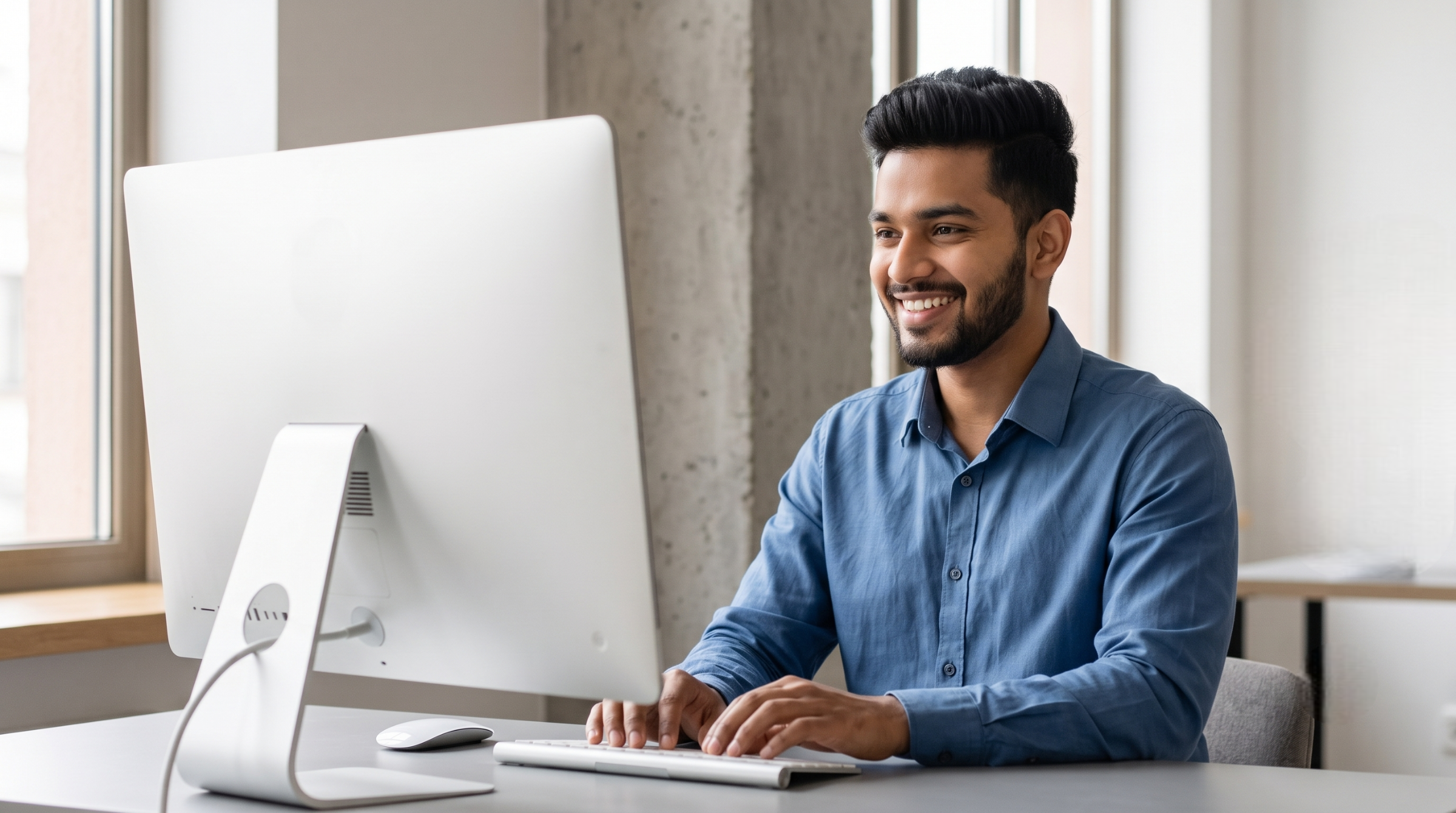 An offshore data entry officer from India smiling at a computer monitor