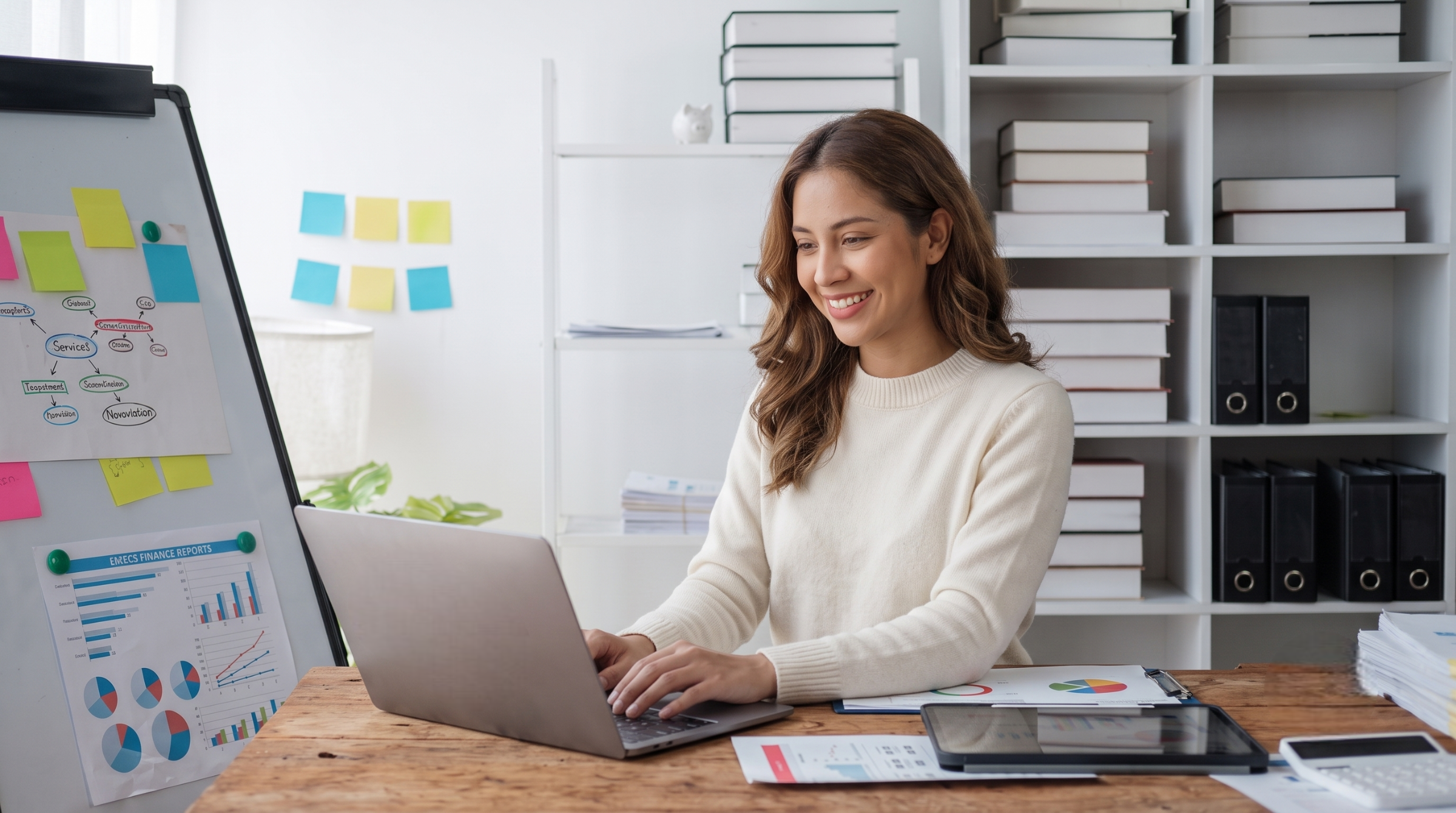 offshore marketing assistant wearing a white sweater cheerfully working on a laptop at a rustic wooden desk