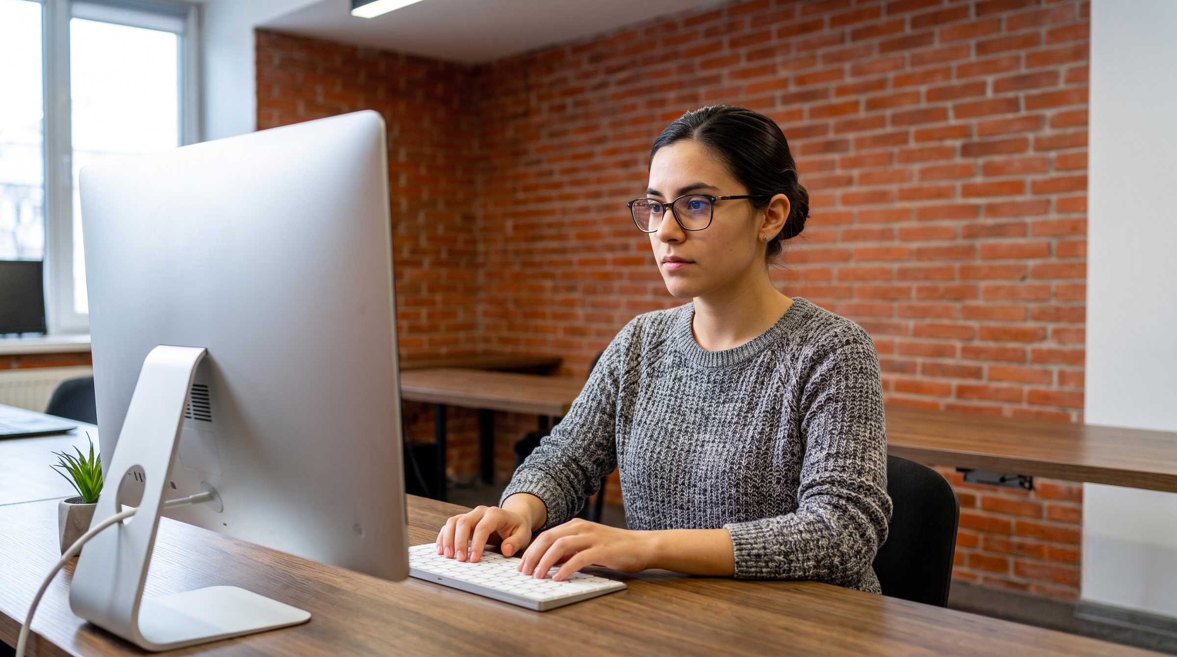 emote AI operations specialist focused on her desktop computer at a wooden desk with a brick wall background
