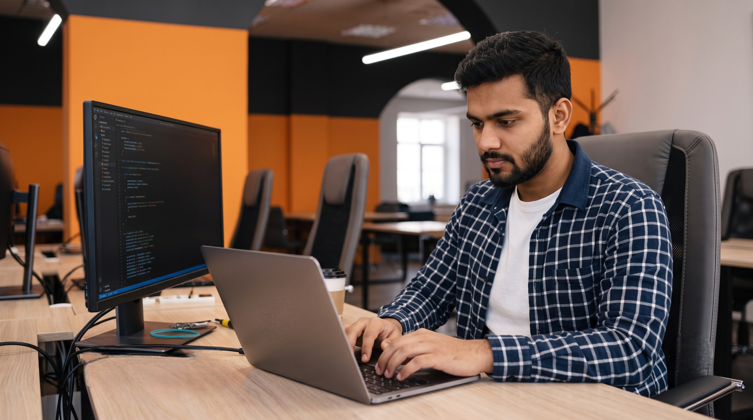 remote AI operations specialist reviewing code on a laptop next to a large vertical desktop monitor