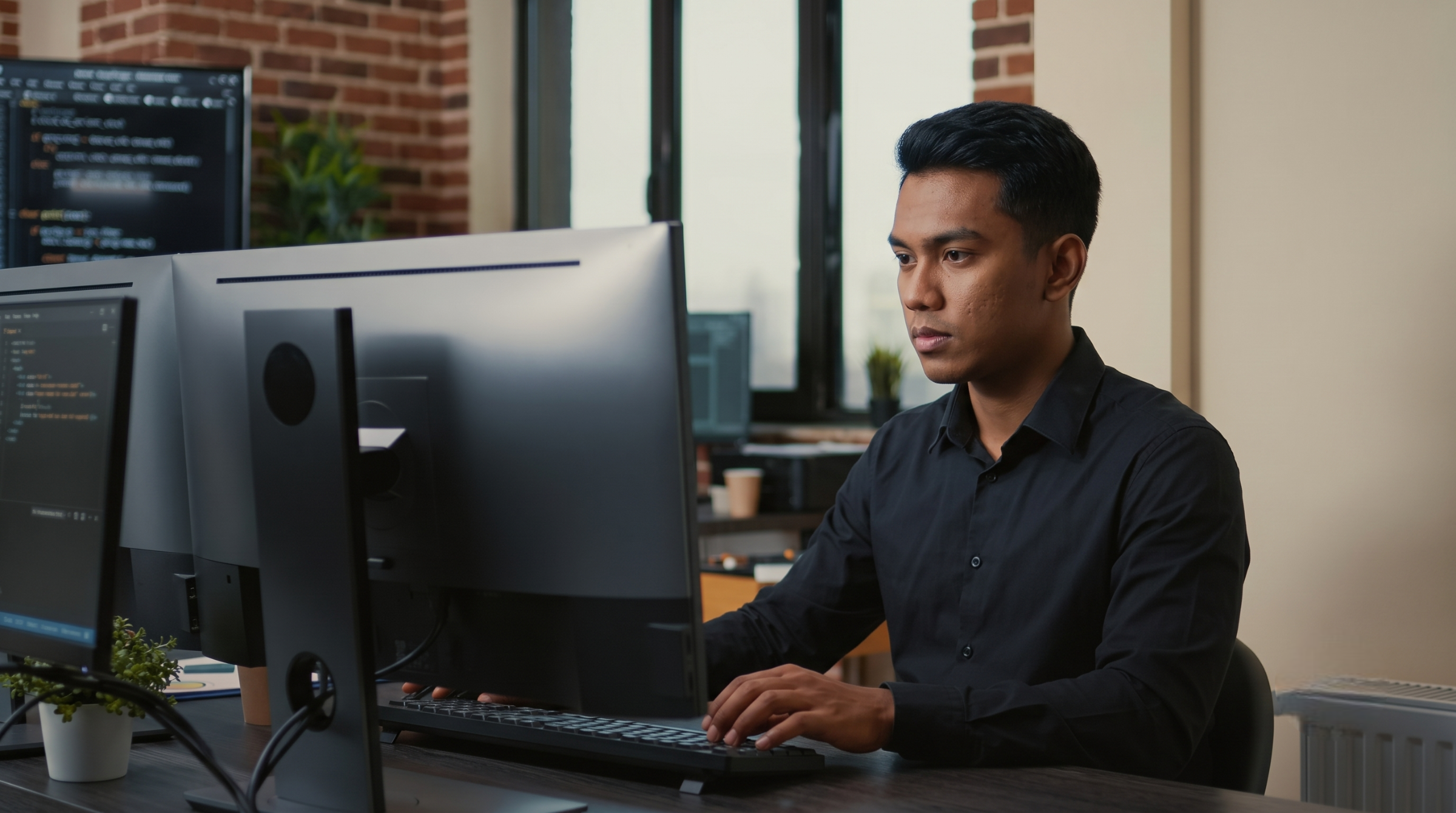 offshore AI operations specialist working on a dual-monitor desktop setup in a modern office environment