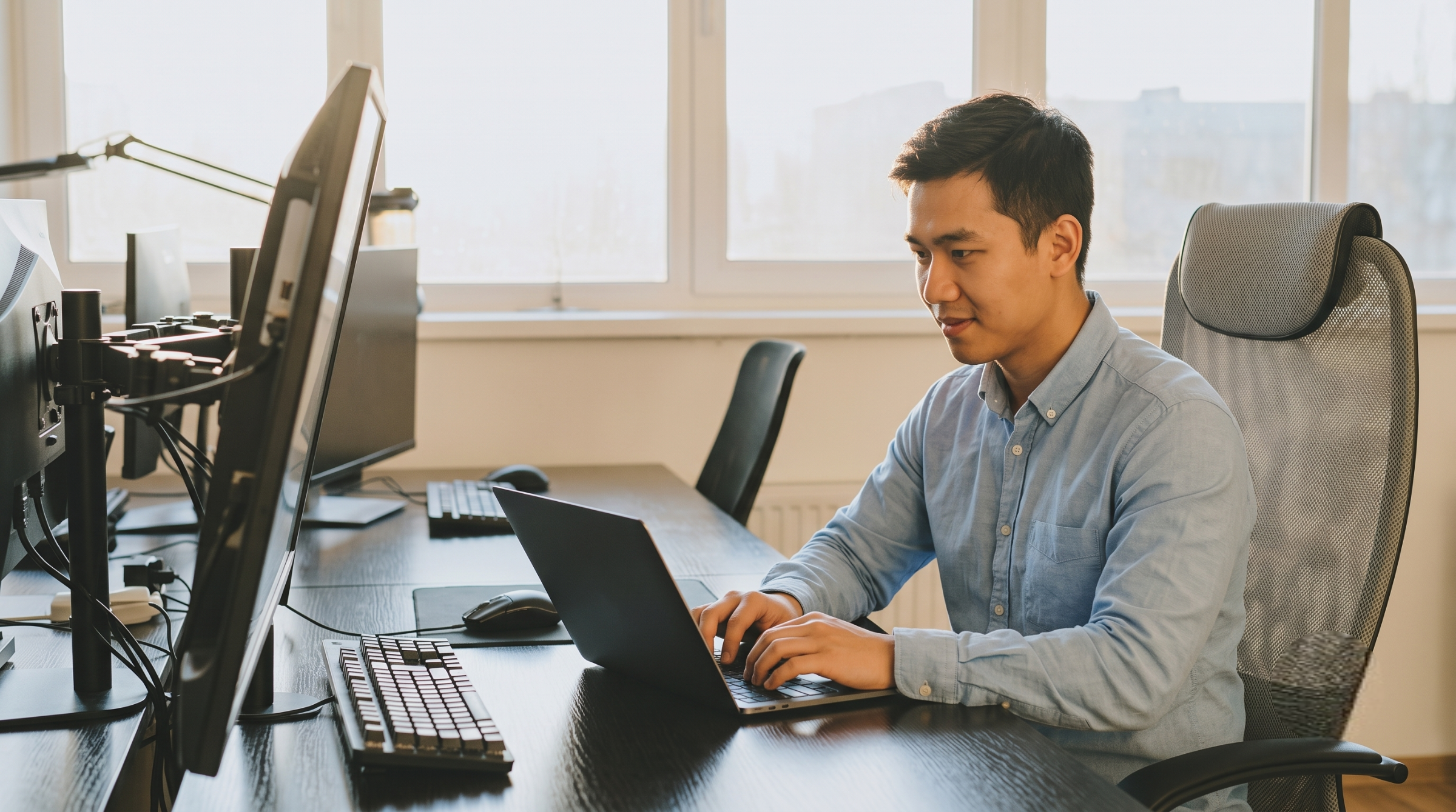 offshore AI operations specialist analyzing data on a laptop in a bright, sunlit office space