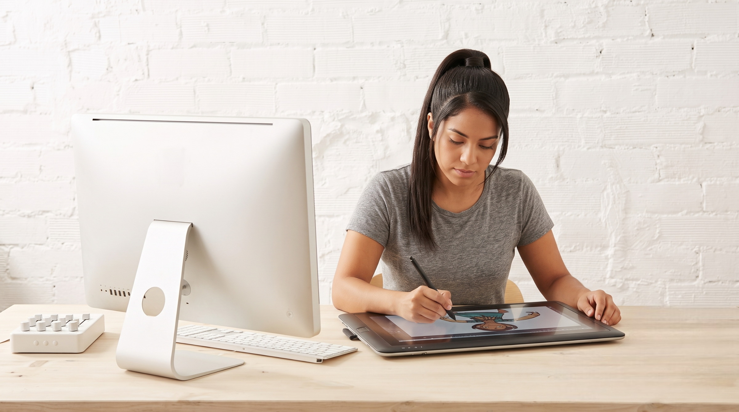 professional working on animation outsourcing by drawing a character on a large display tablet